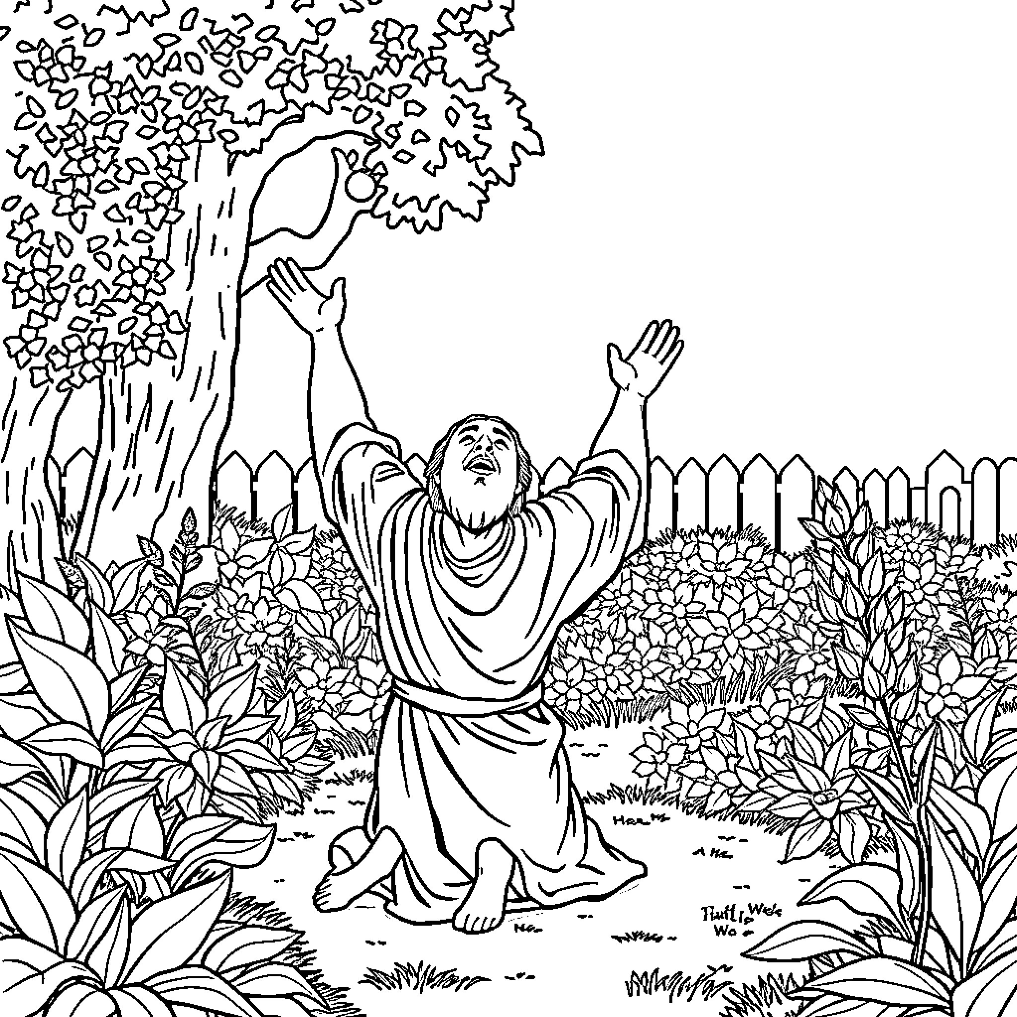 Skywalker praying in a lush garden Coloring Page (free black-and-white line drawing printable PDF for all, from beginners to advanced learners, including children, teens, adults, and seniors)