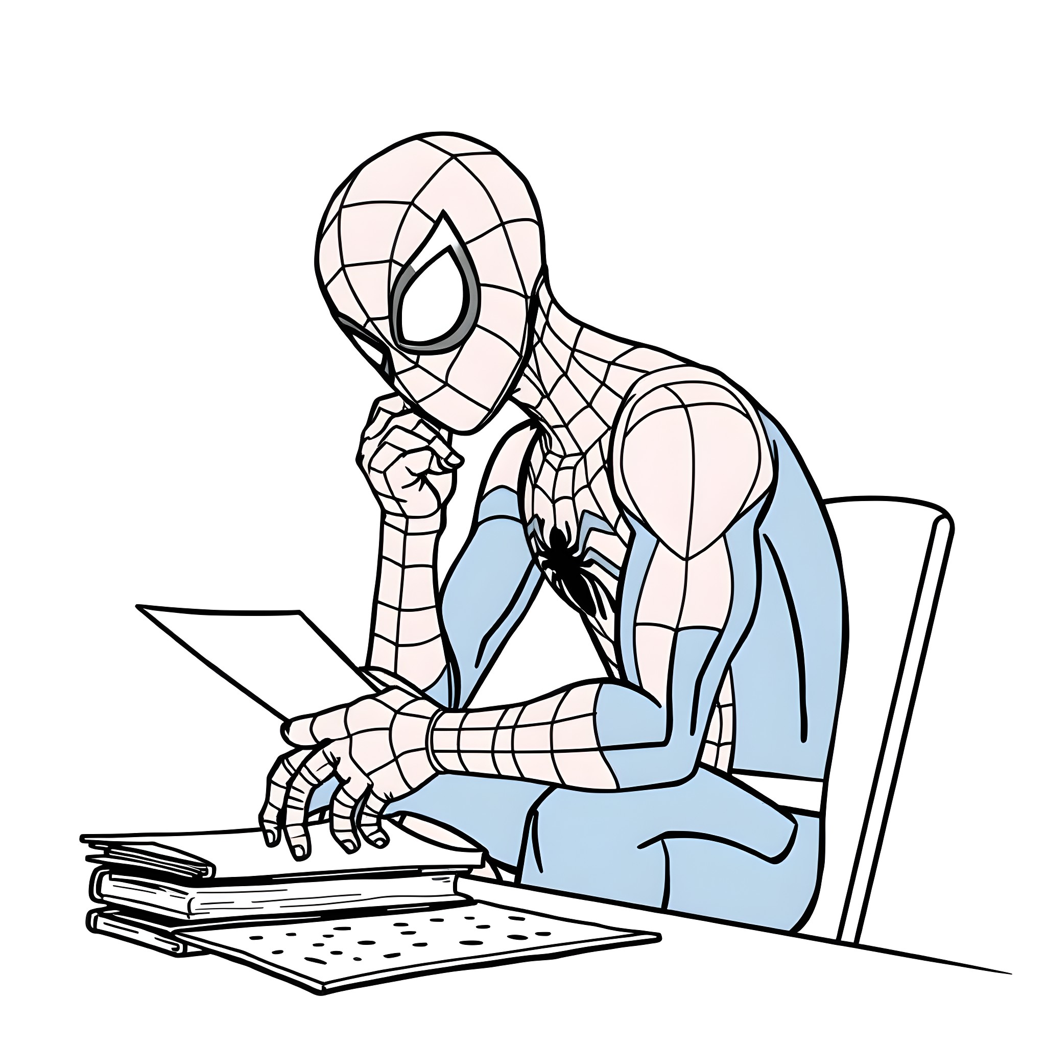 Spider-Man studying attentively at the desk Coloring Page (free black-and-white line drawing printable PDF for all, from beginners to advanced learners, including children, teens, adults, and seniors)