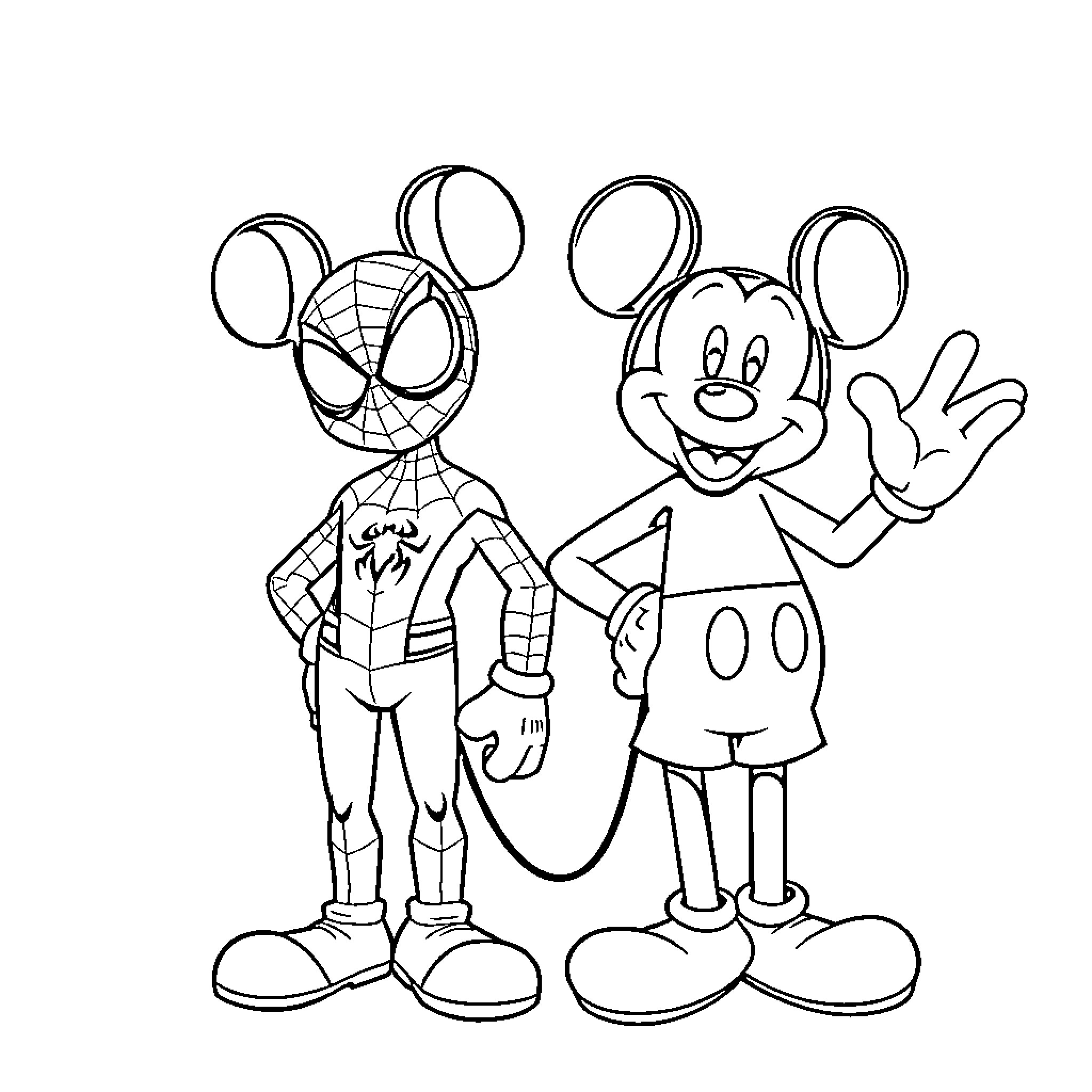 Spider-Man meets friendly neighborhood Mickey Mouse Coloring Page (free black-and-white line drawing printable PDF for all, from beginners to advanced learners, including children, teens, adults, and seniors)