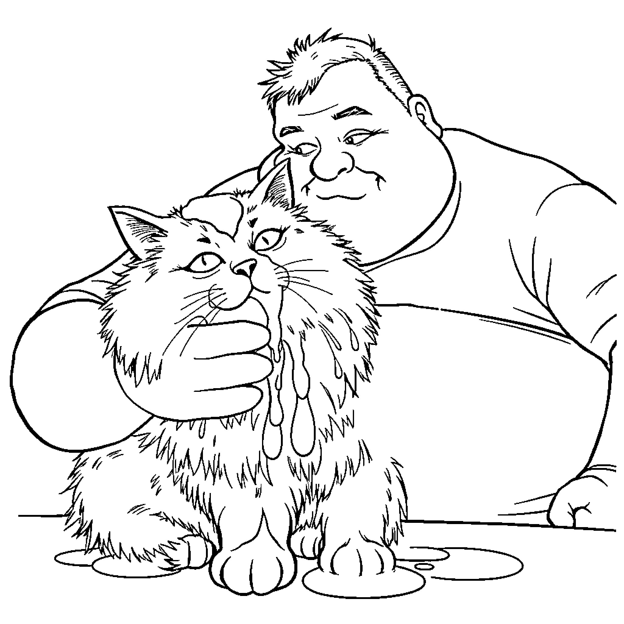 Man cuddling a fluffy cat Coloring Page (free black-and-white line drawing printable PDF for all, from beginners to advanced learners, including children, teens, adults, and seniors)