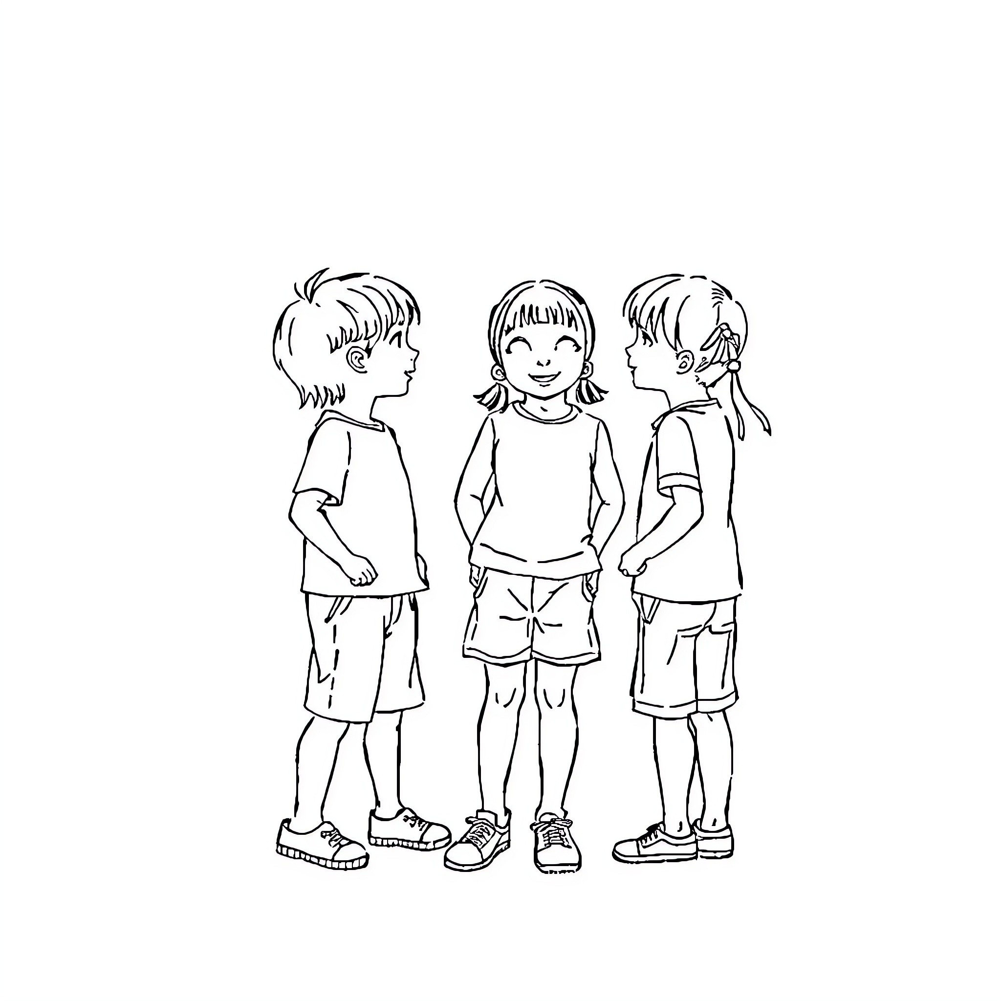 Kid friends chatting happily together Coloring Page (free black-and-white line drawing printable PDF for all, from beginners to advanced learners, including children, teens, adults, and seniors)