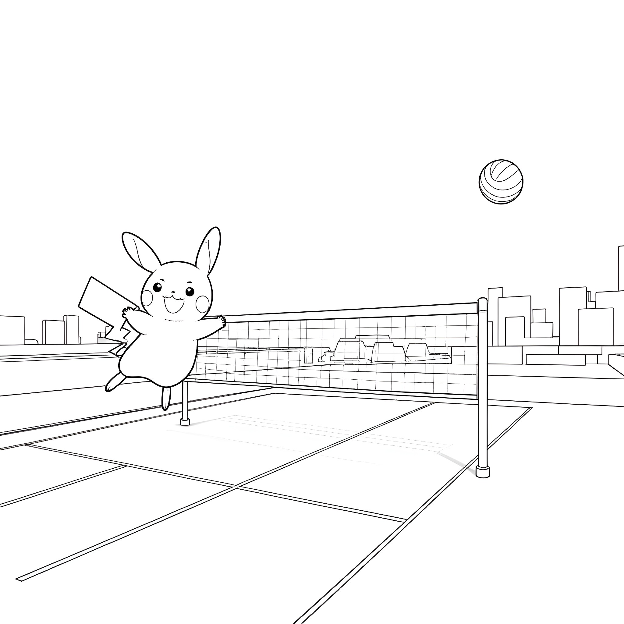 Pikachu playing volleyball in a cityscape Coloring Page (free black-and-white line drawing printable PDF for all, from beginners to advanced learners, including children, teens, adults, and seniors)