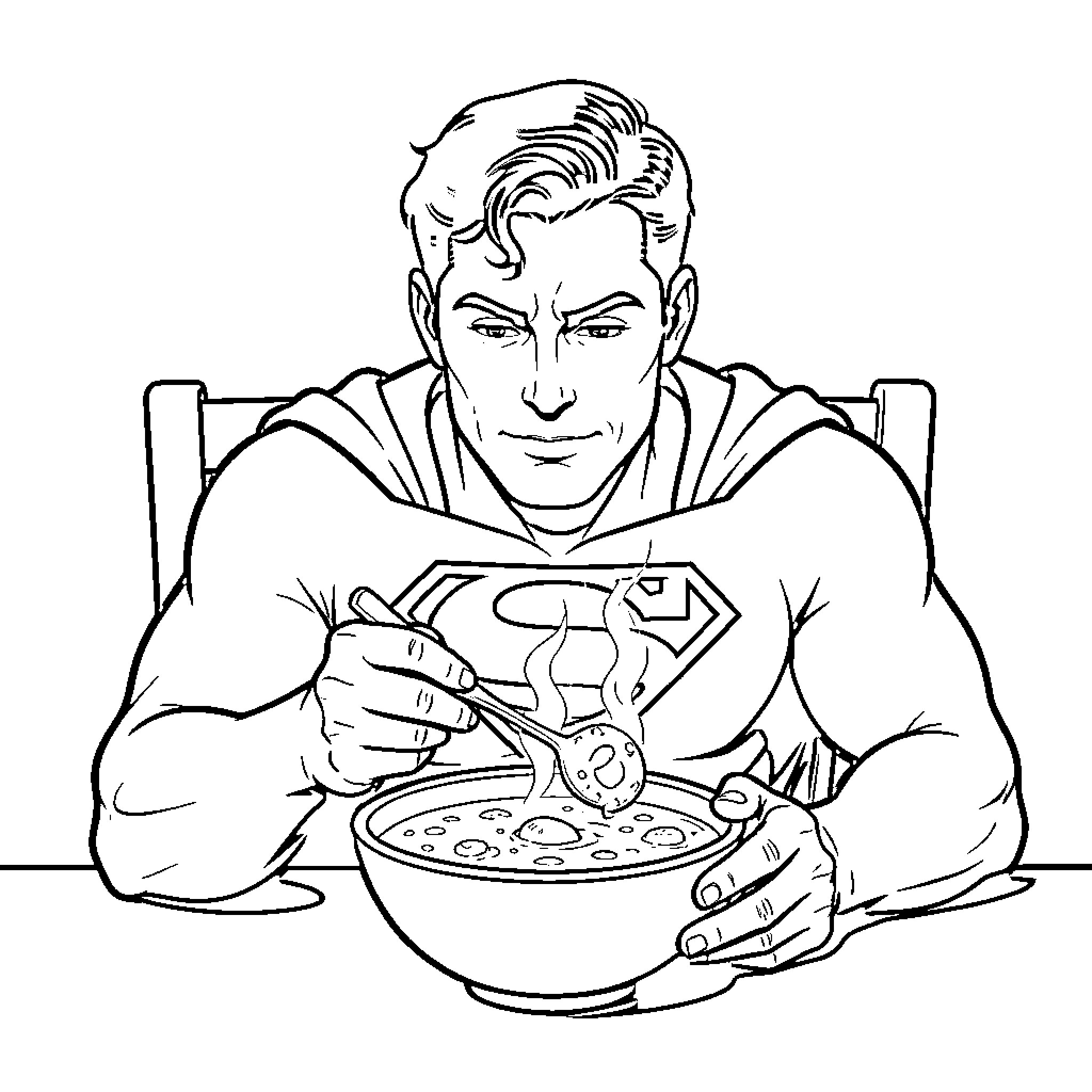 Superman eating a warm bowl of soup Coloring Page (free black-and-white line drawing printable PDF for all, from beginners to advanced learners, including children, teens, adults, and seniors)