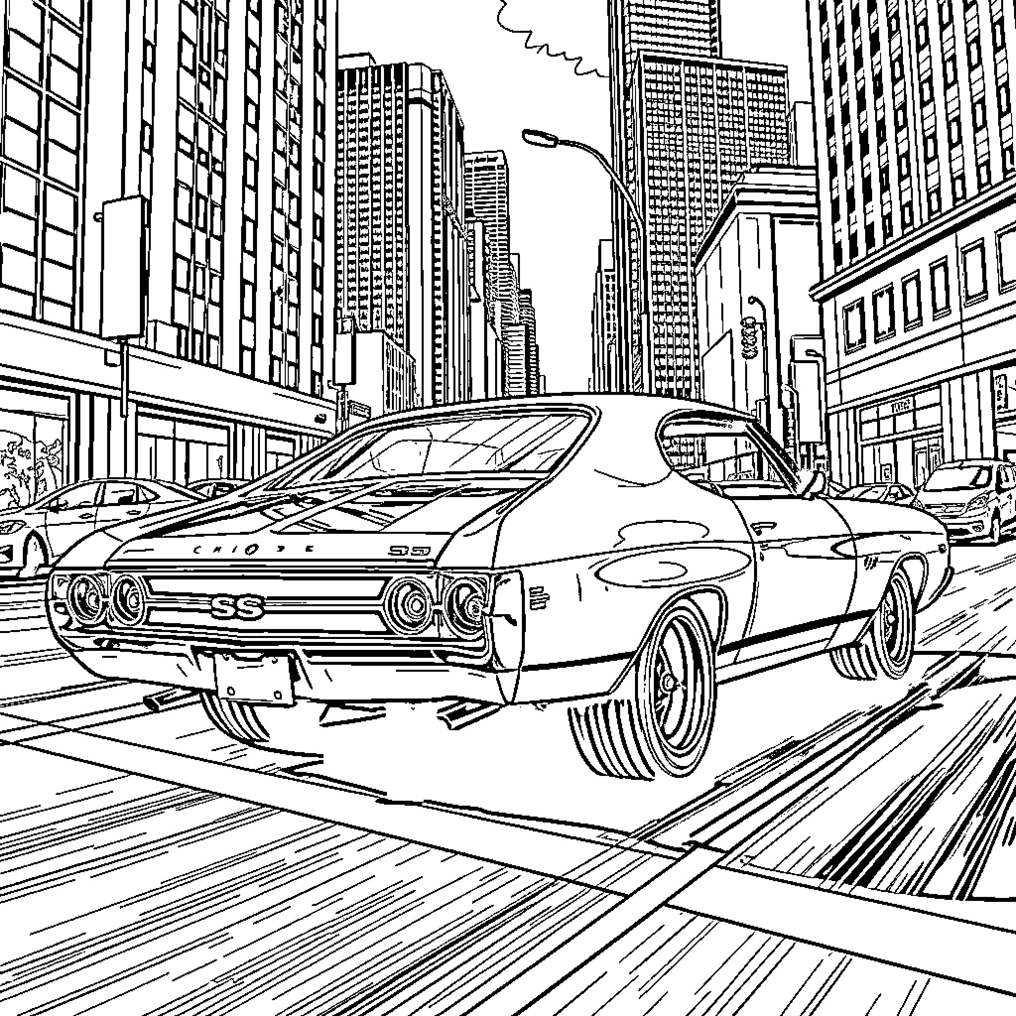 Chevelle speeding through the city streets Coloring Page (free black-and-white line drawing printable PDF for all, from beginners to advanced learners, including children, teens, adults, and seniors)