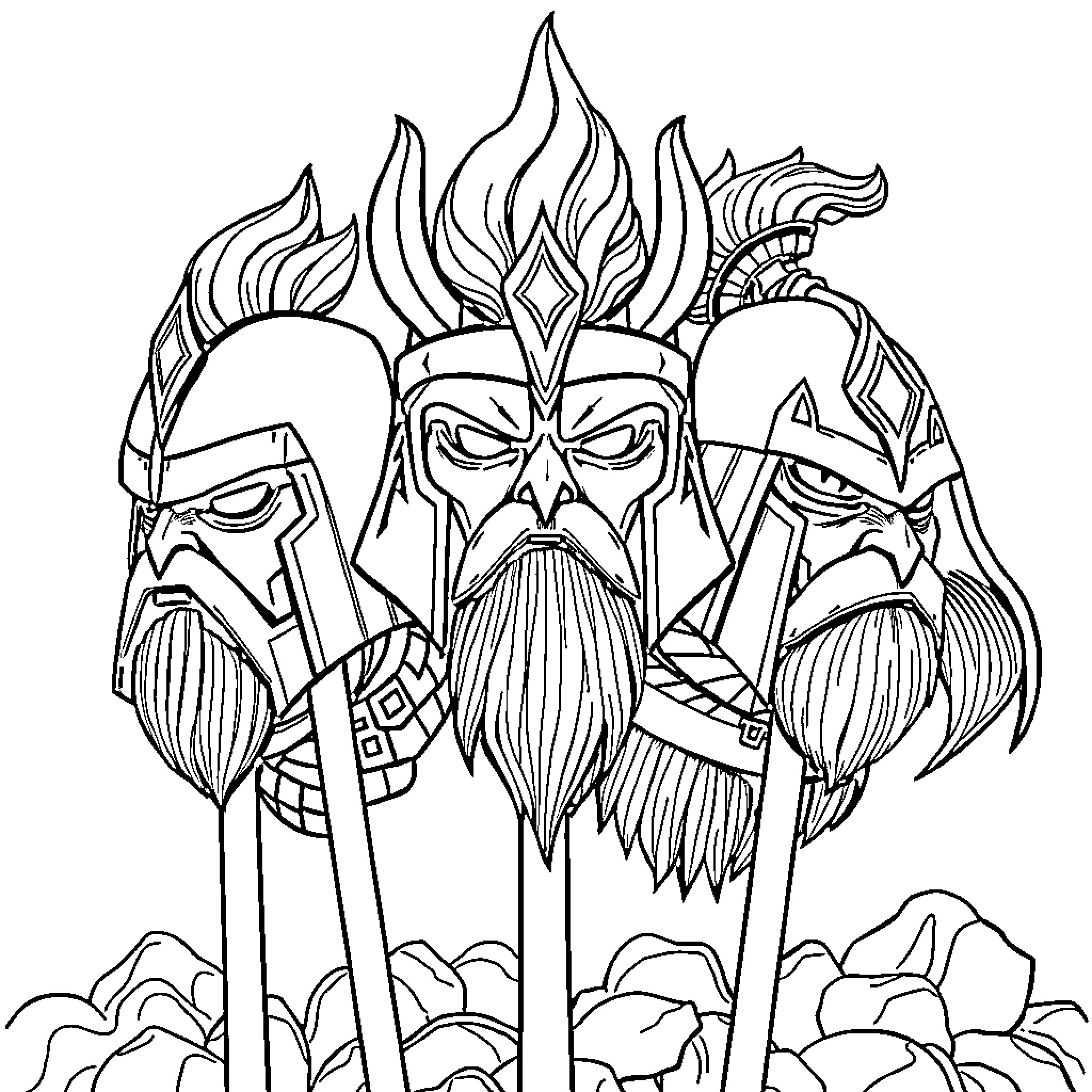 Cielito's Tribal Fantasy Warriors Coloring Page (free black-and-white line drawing printable PDF for all, from beginners to advanced learners, including children, teens, adults, and seniors)