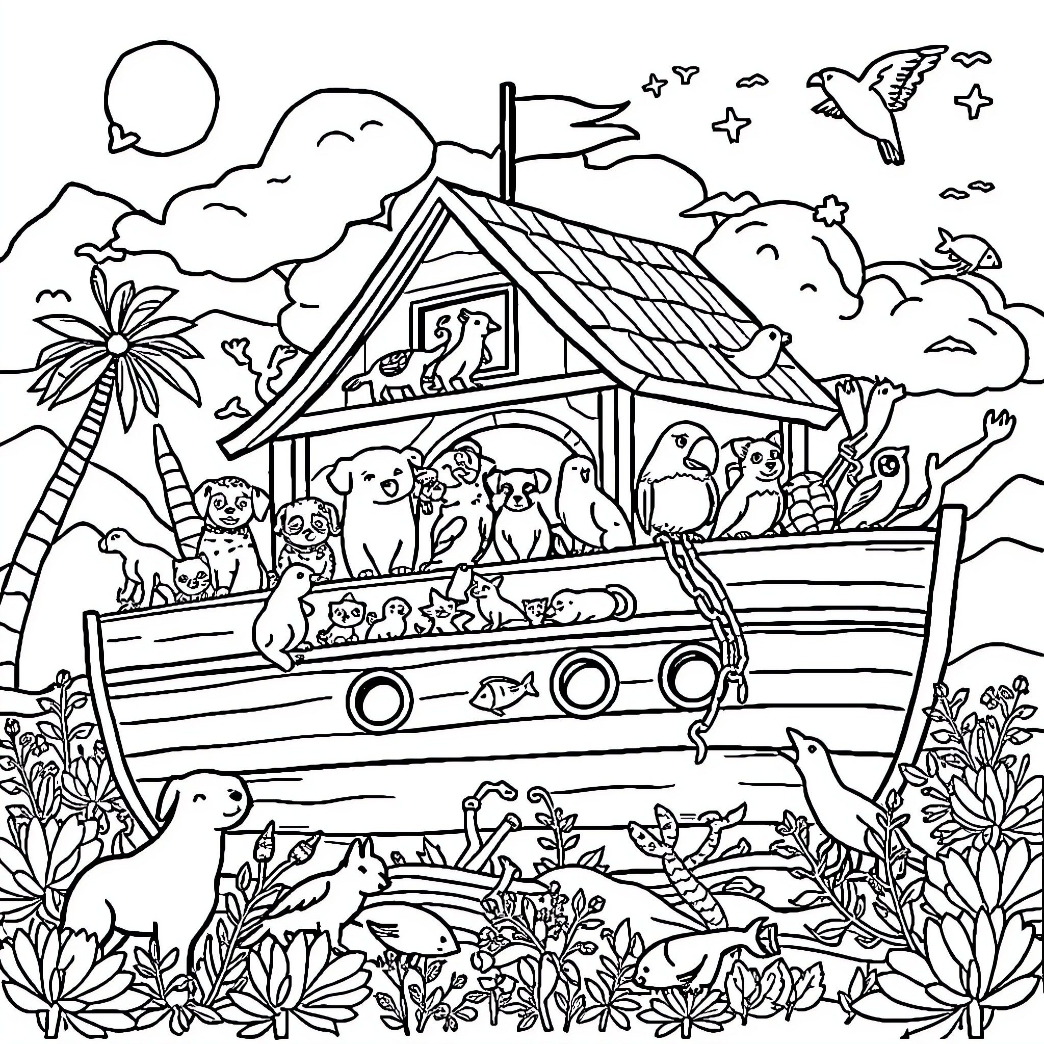 Animal Characters on a Whimsical Boat Voyage Coloring Page (free black-and-white line drawing printable PDF for all, from beginners to advanced learners, including children, teens, adults, and seniors)