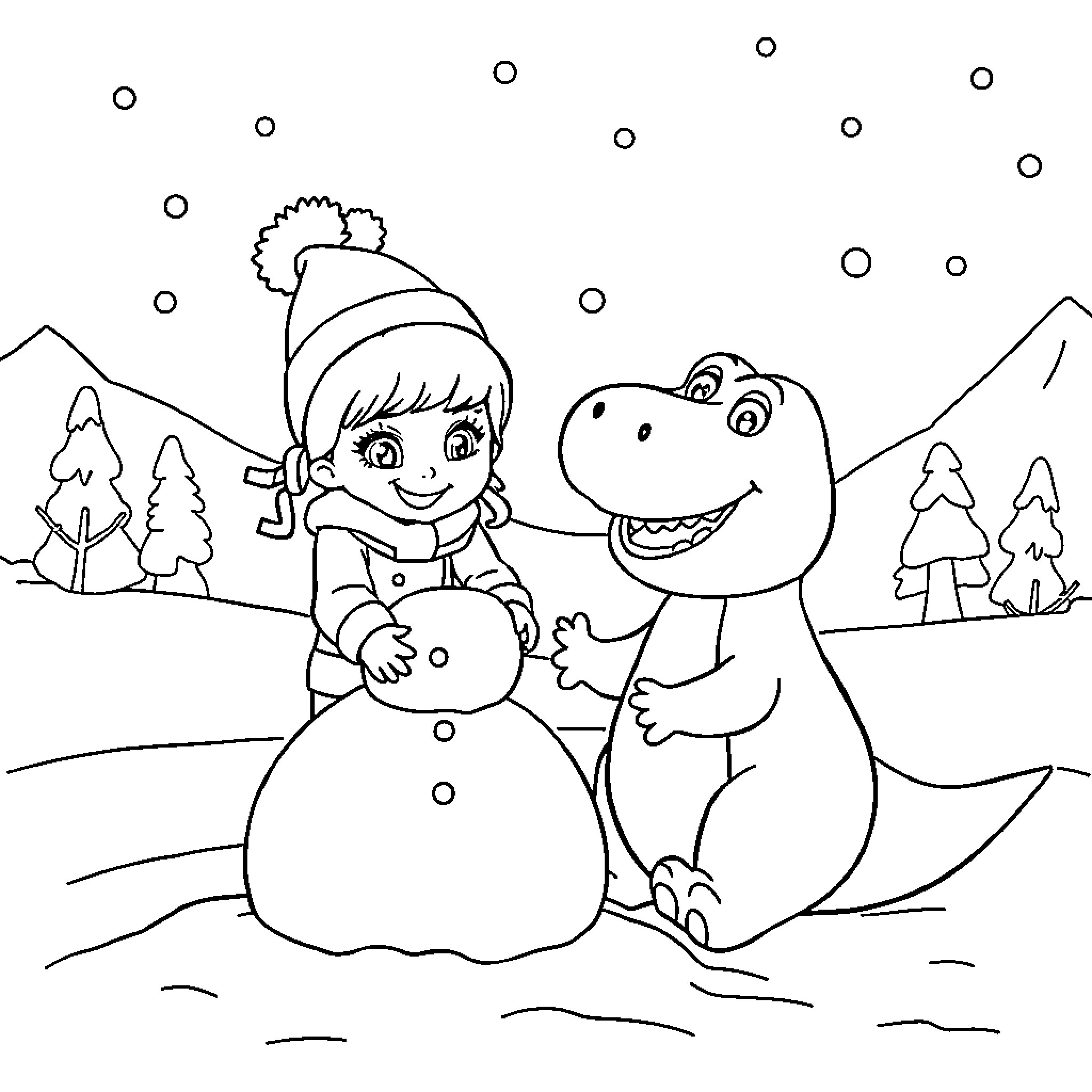 Gabby builds a snowman with her dinosaur friend Coloring Page (free black-and-white line drawing printable PDF for all, from beginners to advanced learners, including children, teens, adults, and seniors)