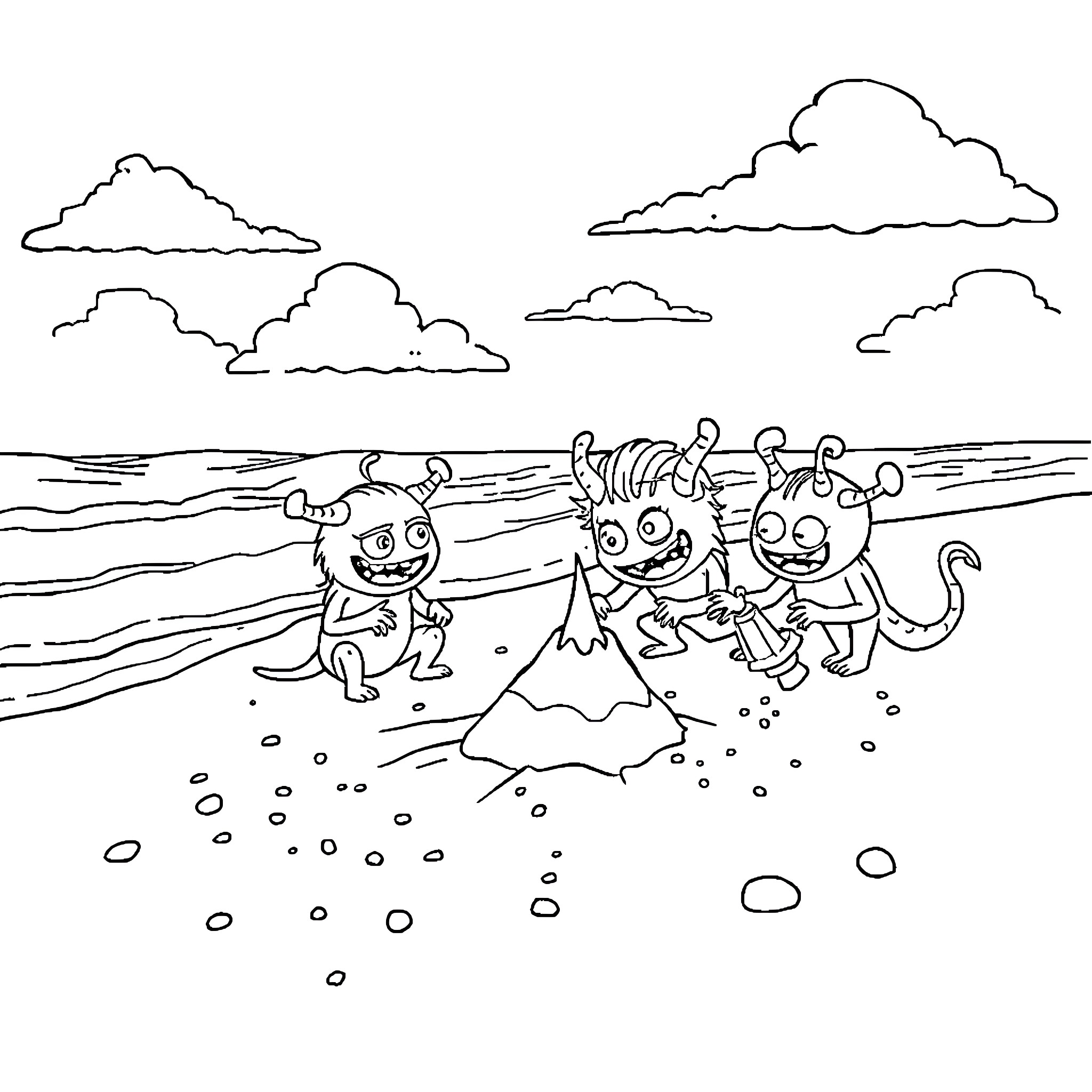 Monster creatures playing on the beach Coloring Page (free black-and-white line drawing printable PDF for all, from beginners to advanced learners, including children, teens, adults, and seniors)
