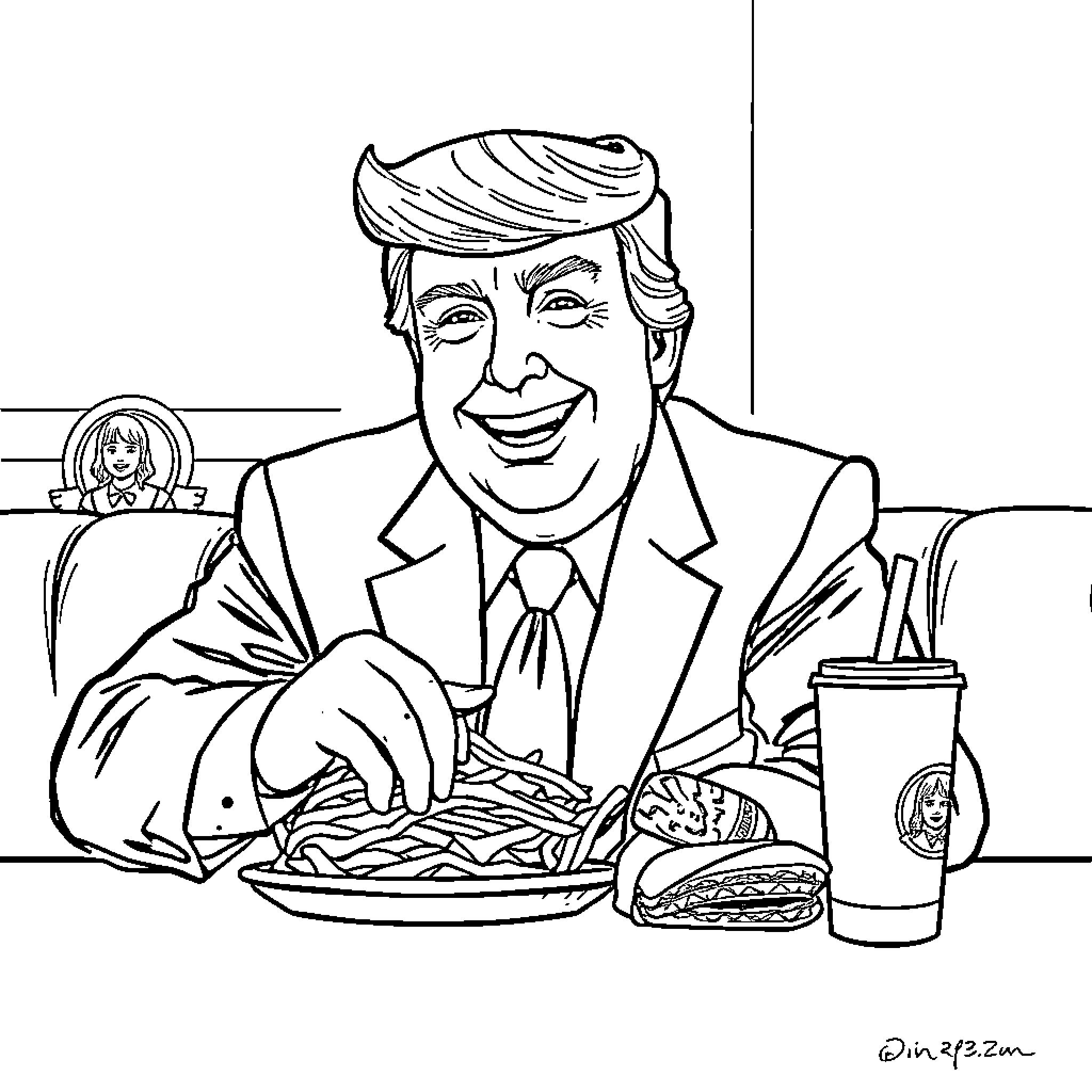 Donald Trump enjoying a hearty meal in a formal setting Coloring Page (free black-and-white line drawing printable PDF for all, from beginners to advanced learners, including children, teens, adults, and seniors)