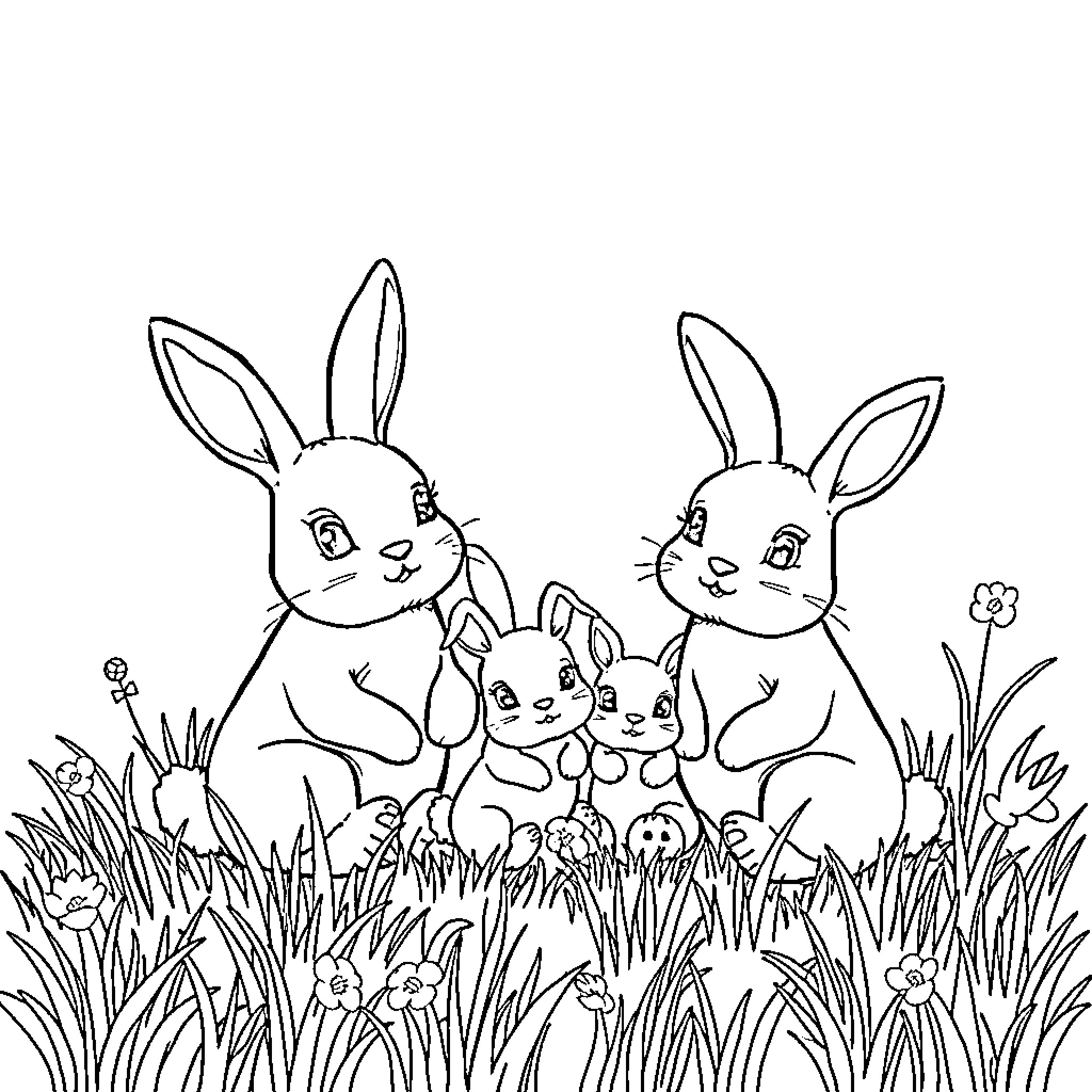 Bunnies frolicking in a grassy meadow Coloring Page (free black-and-white line drawing printable PDF for all, from beginners to advanced learners, including children, teens, adults, and seniors)