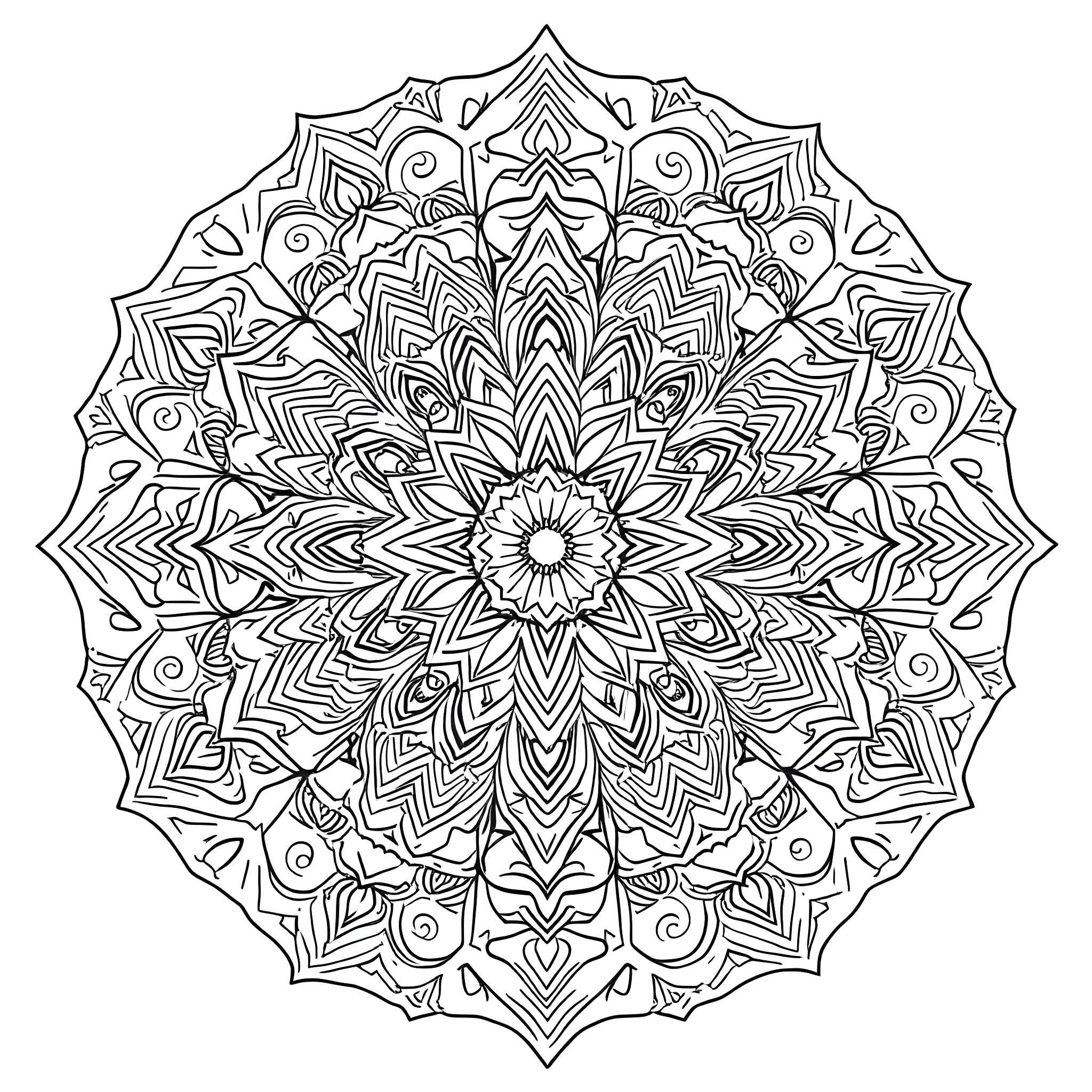 Mandalas with intricate symmetrical patterns Coloring Page (free black-and-white line drawing printable PDF for all, from beginners to advanced learners, including children, teens, adults, and seniors)