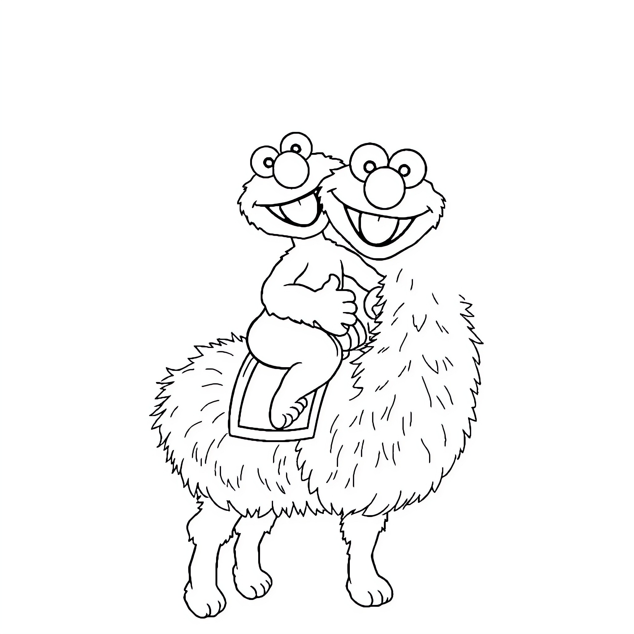 Elmo Hugging Furry Monster Happily Coloring Page (free black-and-white line drawing printable PDF for all, from beginners to advanced learners, including children, teens, adults, and seniors)