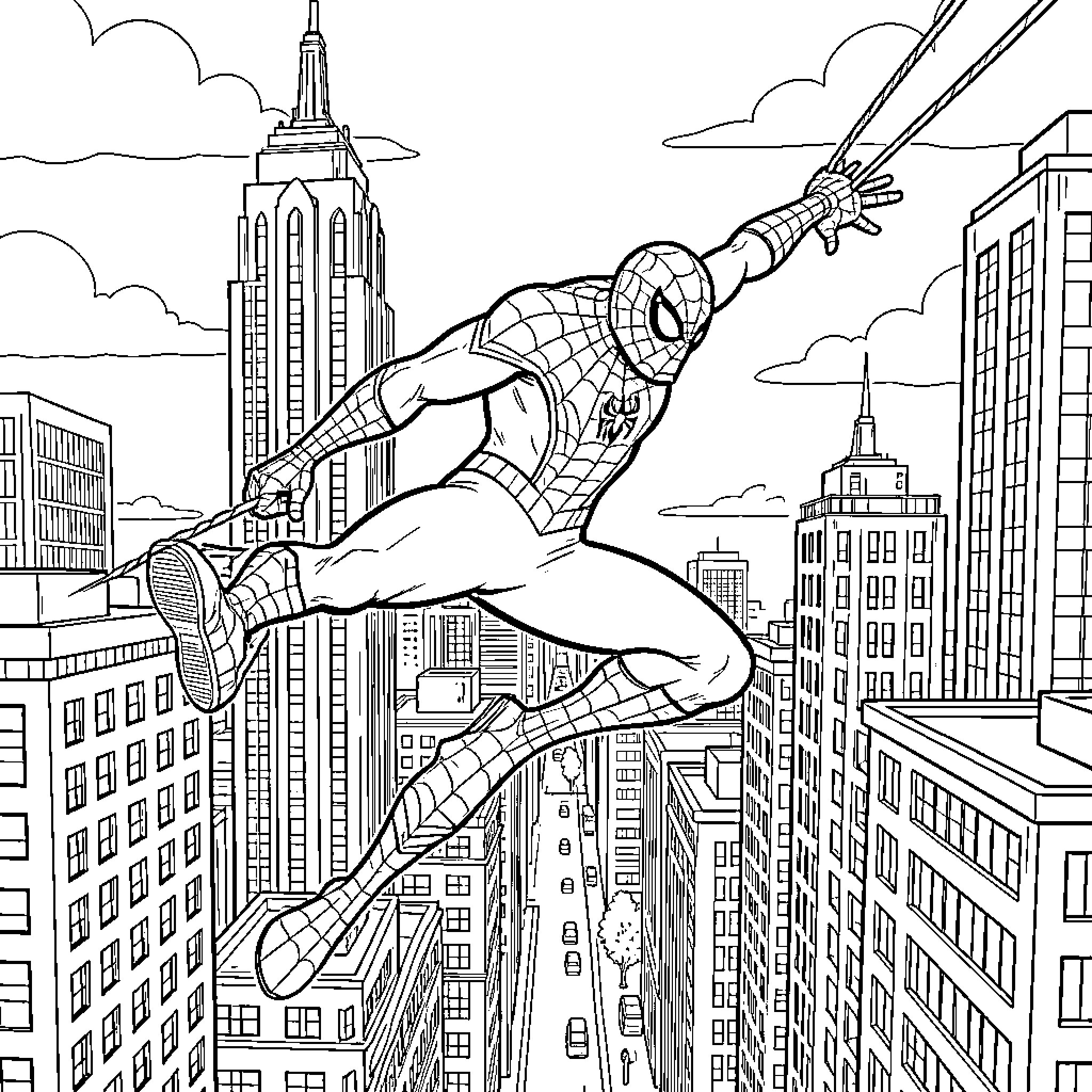 Spiderman swinging through the city skyscrapers Coloring Page (free black-and-white line drawing printable PDF for all, from beginners to advanced learners, including children, teens, adults, and seniors)