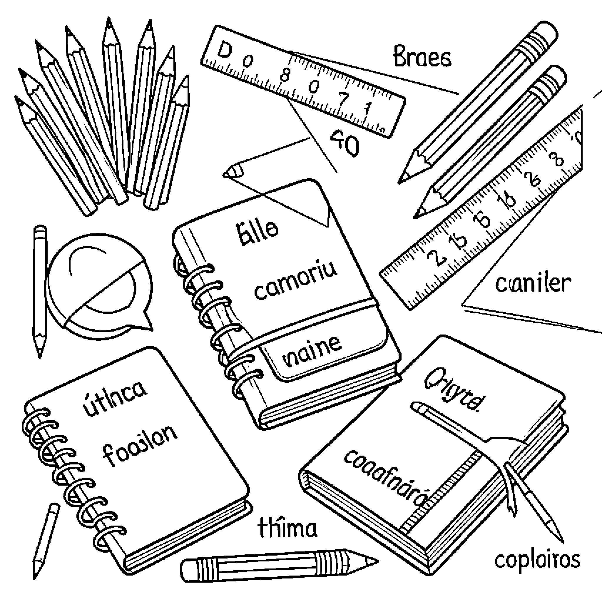 School Supplies on Display with Variety of Tools Coloring Page (free black-and-white line drawing printable PDF for all, from beginners to advanced learners, including children, teens, adults, and seniors)