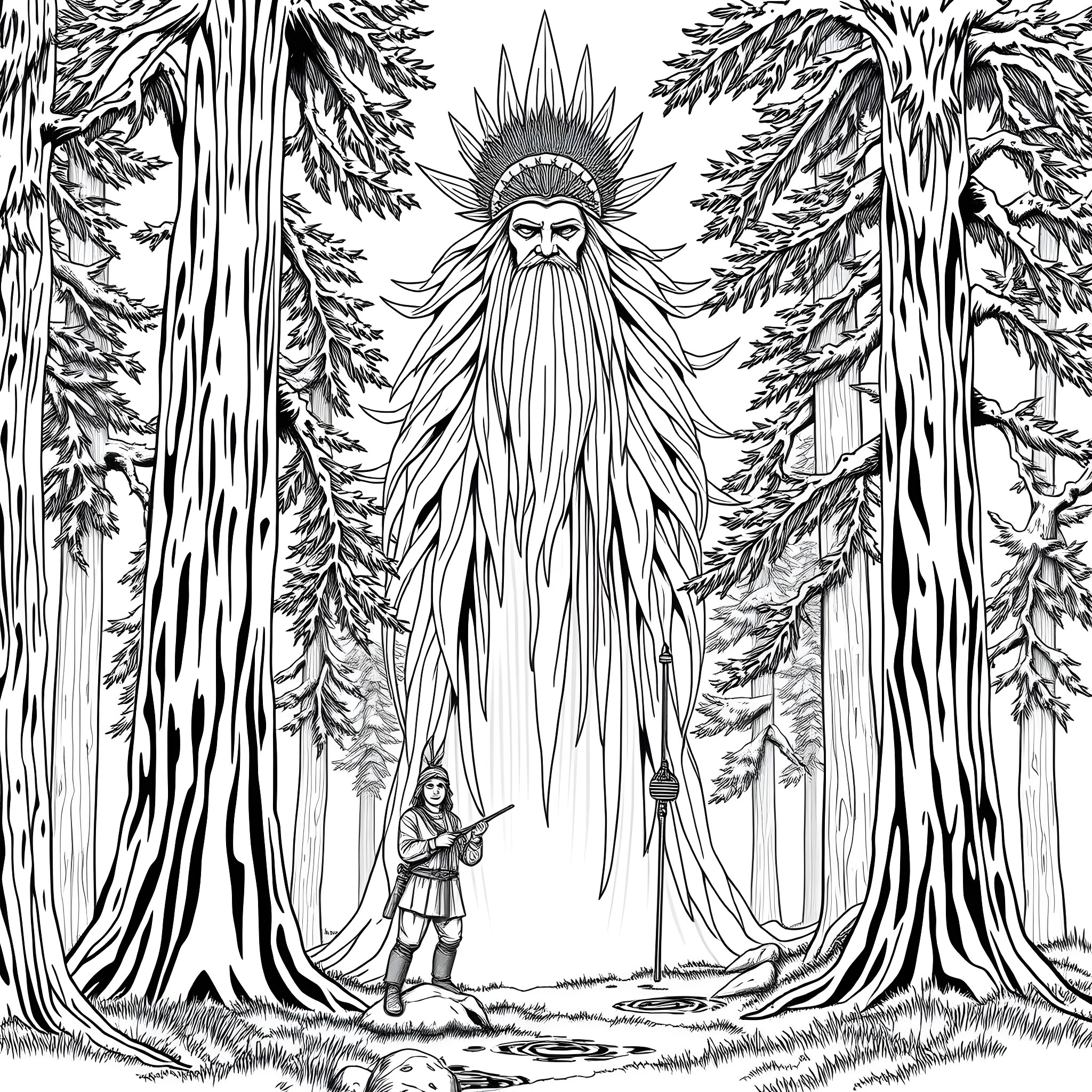 Great Spirit of the Enchanted Forest Coloring Page (free black-and-white line drawing printable PDF for all, from beginners to advanced learners, including children, teens, adults, and seniors)