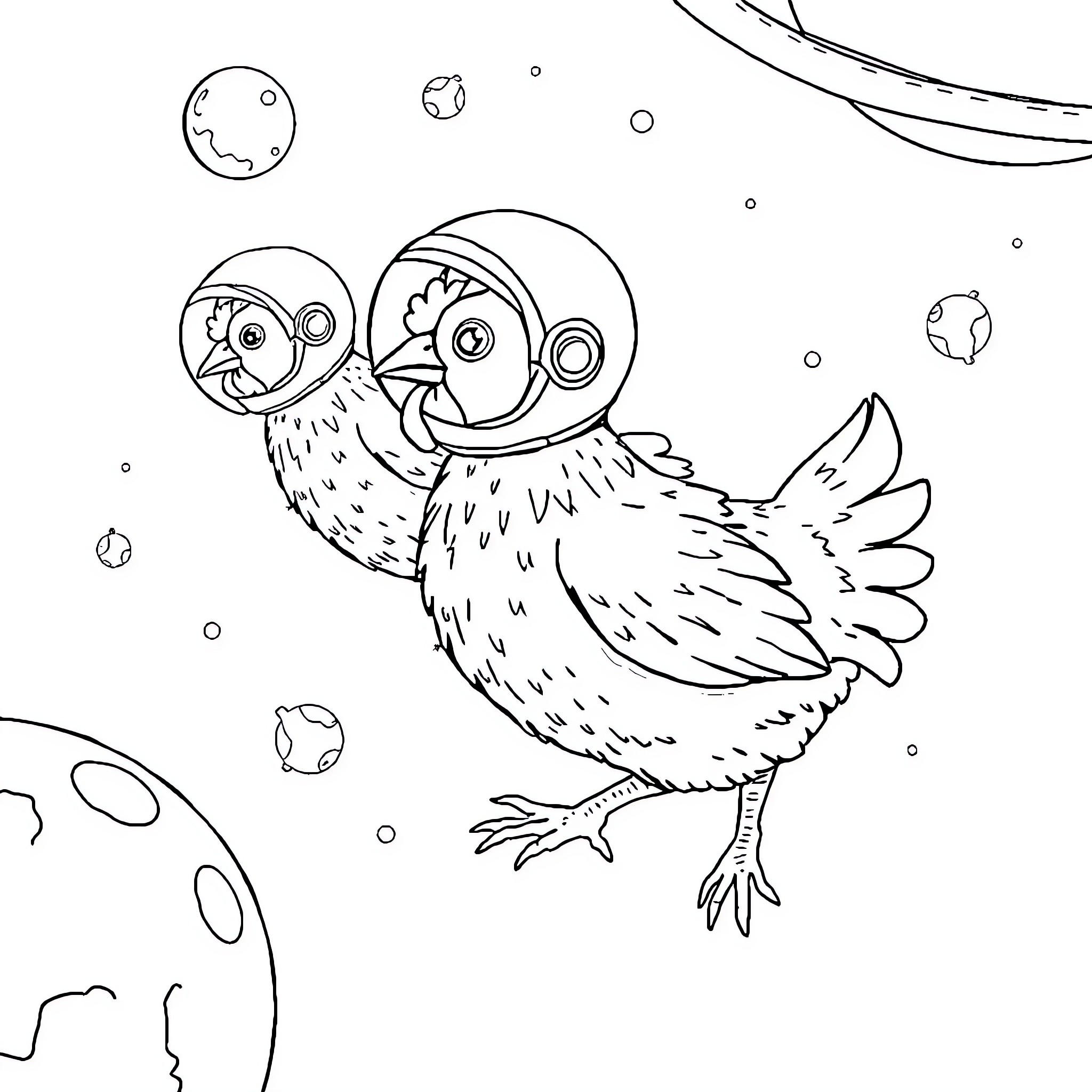 Chickens exploring the cosmos Coloring Page (free black-and-white line drawing printable PDF for all, from beginners to advanced learners, including children, teens, adults, and seniors)