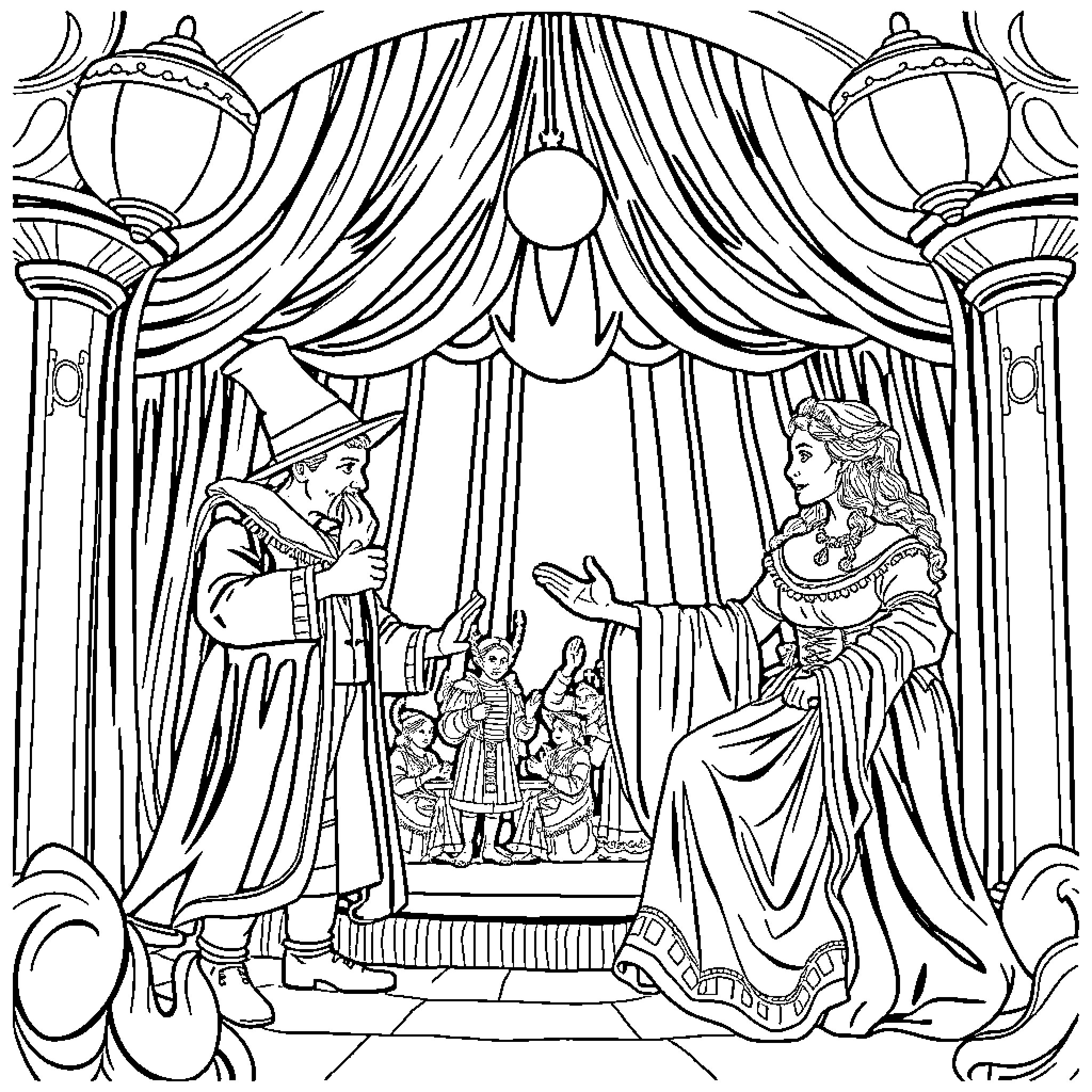 Wizard of Oz stage performance with characters Coloring Page (free black-and-white line drawing printable PDF for all, from beginners to advanced learners, including children, teens, adults, and seniors)