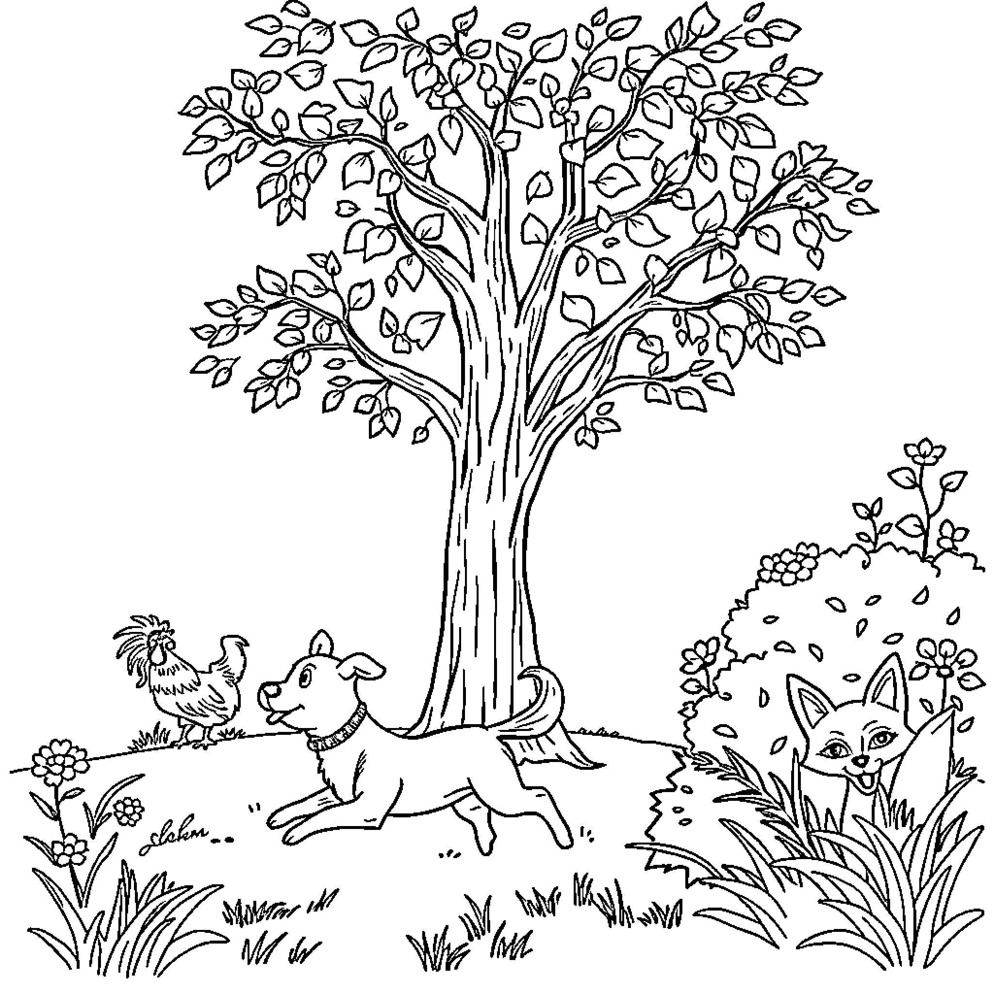 Tree with animals and nature scene Coloring Page (free black-and-white line drawing printable PDF for all, from beginners to advanced learners, including children, teens, adults, and seniors)