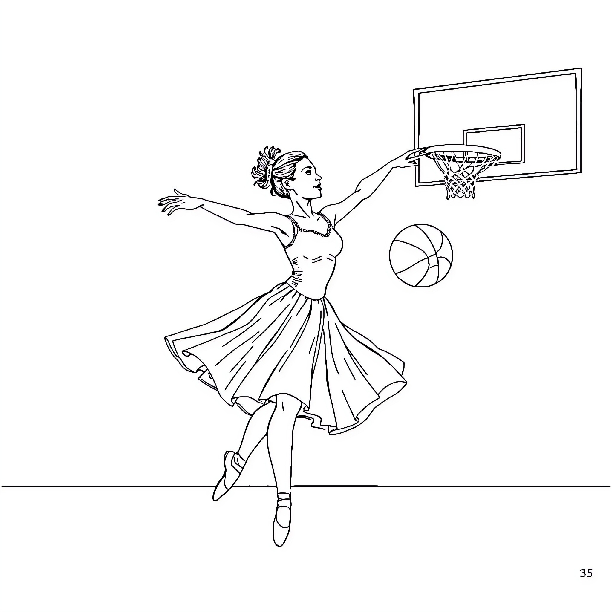 Ballerina performing basketball-inspired dance routine Coloring Page (free black-and-white line drawing printable PDF for all, from beginners to advanced learners, including children, teens, adults, and seniors)