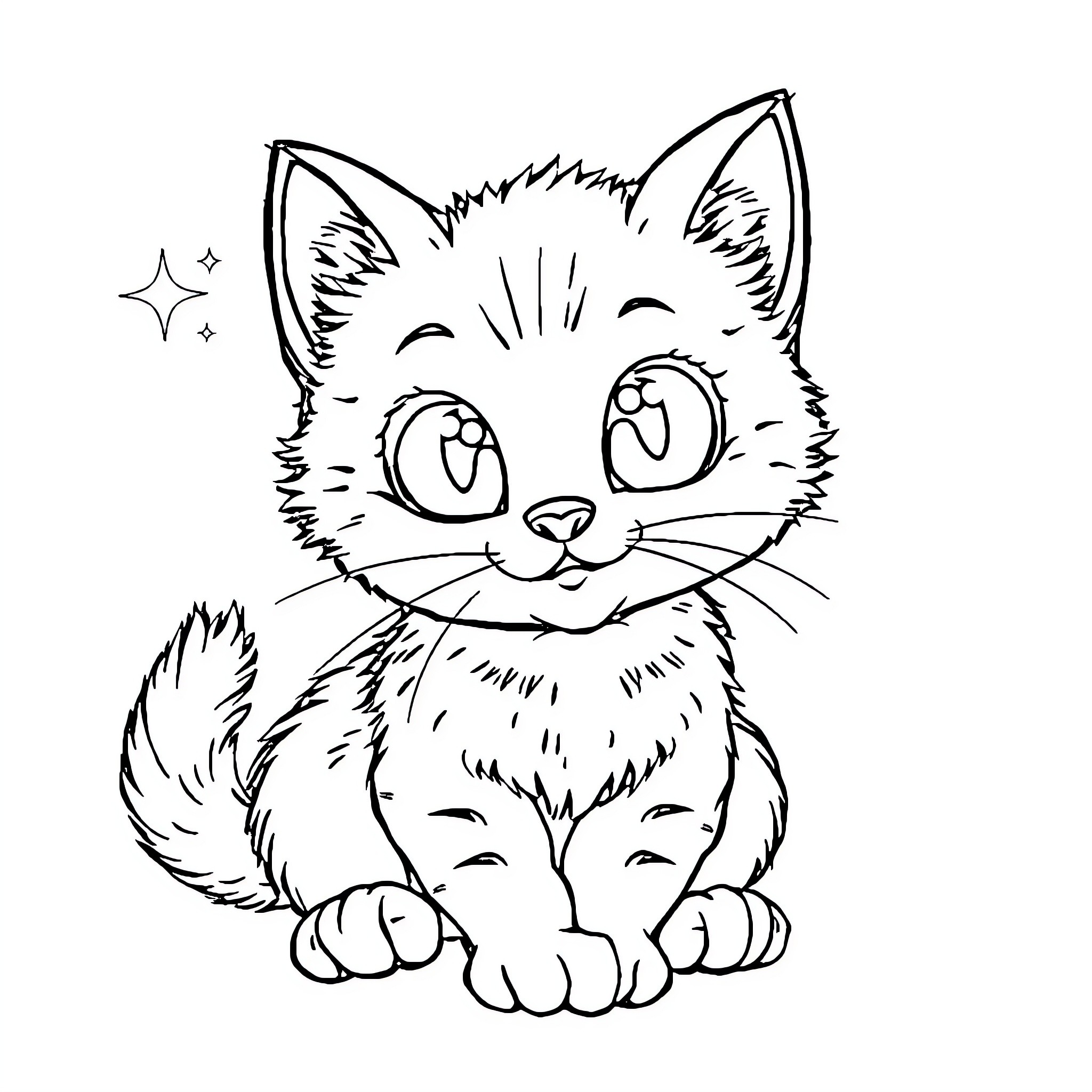 Cat Sitting Happily with Sparkles Coloring Page (free black-and-white line drawing printable PDF for all, from beginners to advanced learners, including children, teens, adults, and seniors)