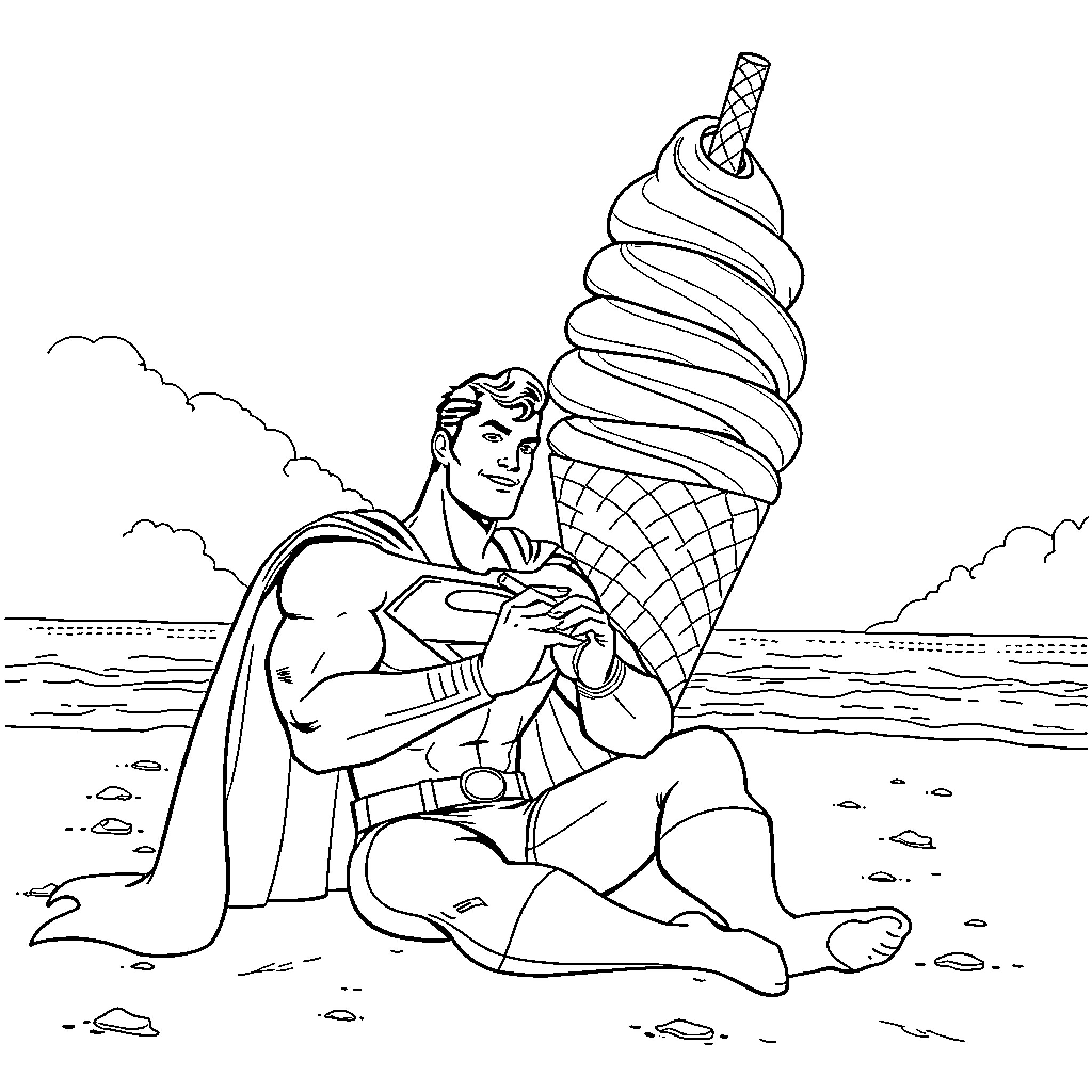 Superman enjoying a beach ice cream cone Coloring Page (free black-and-white line drawing printable PDF for all, from beginners to advanced learners, including children, teens, adults, and seniors)