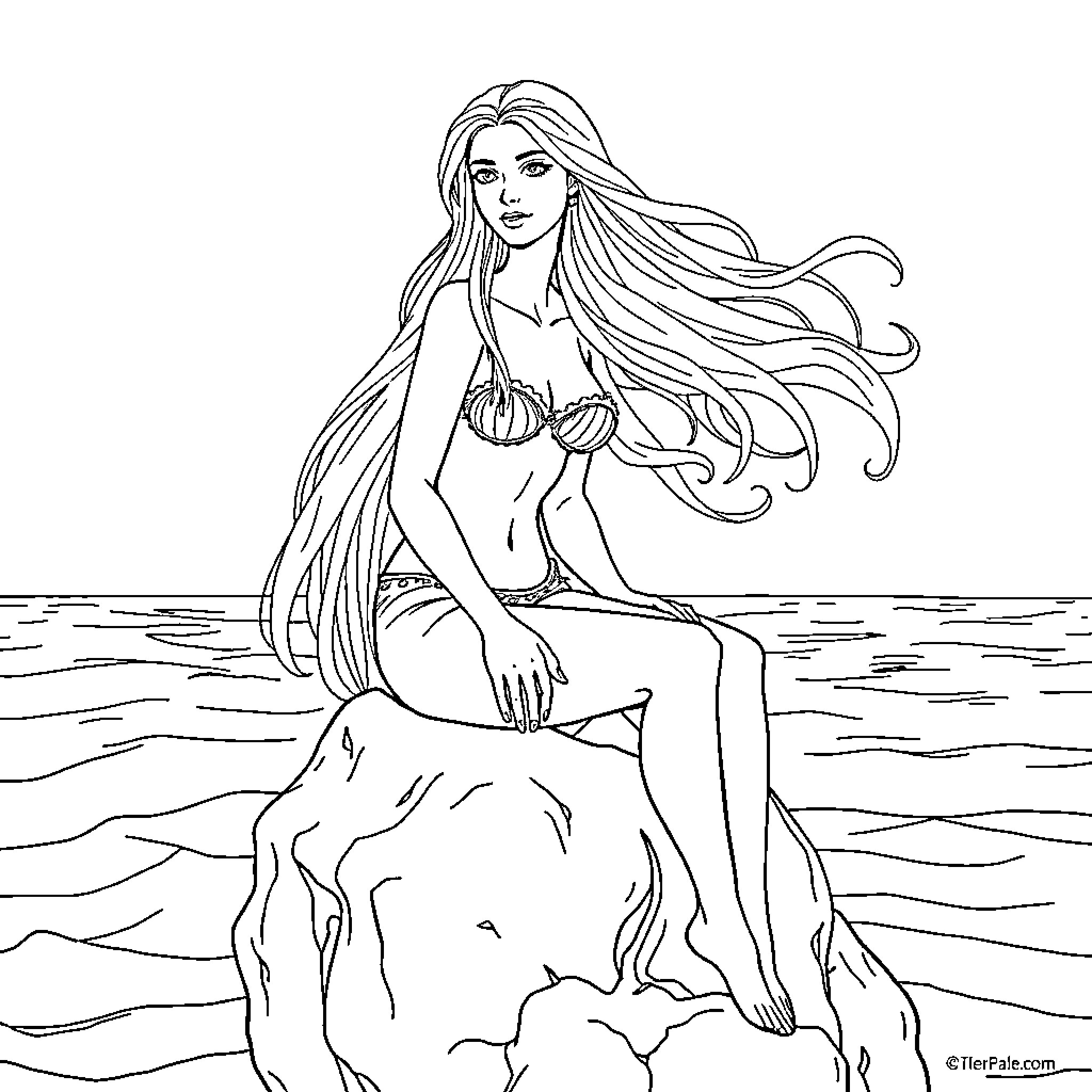 Mermaid sitting gracefully on a rocky outcrop Coloring Page (free black-and-white line drawing printable PDF for all, from beginners to advanced learners, including children, teens, adults, and seniors)