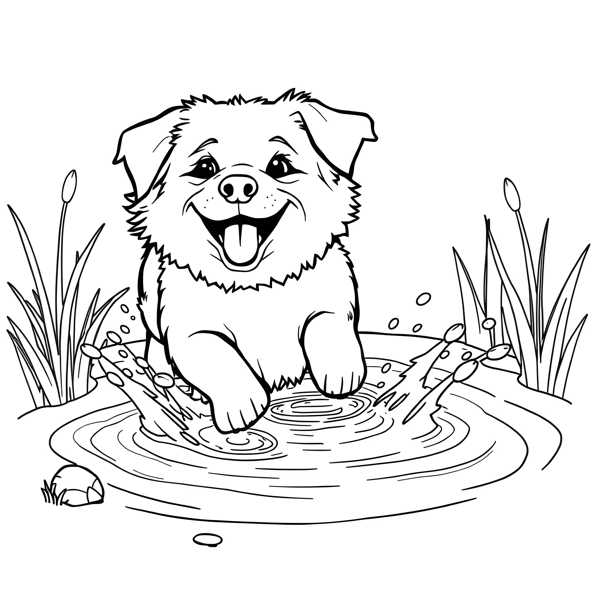 Dog playing happily in a puddle Coloring Page (free black-and-white line drawing printable PDF for all, from beginners to advanced learners, including children, teens, adults, and seniors)
