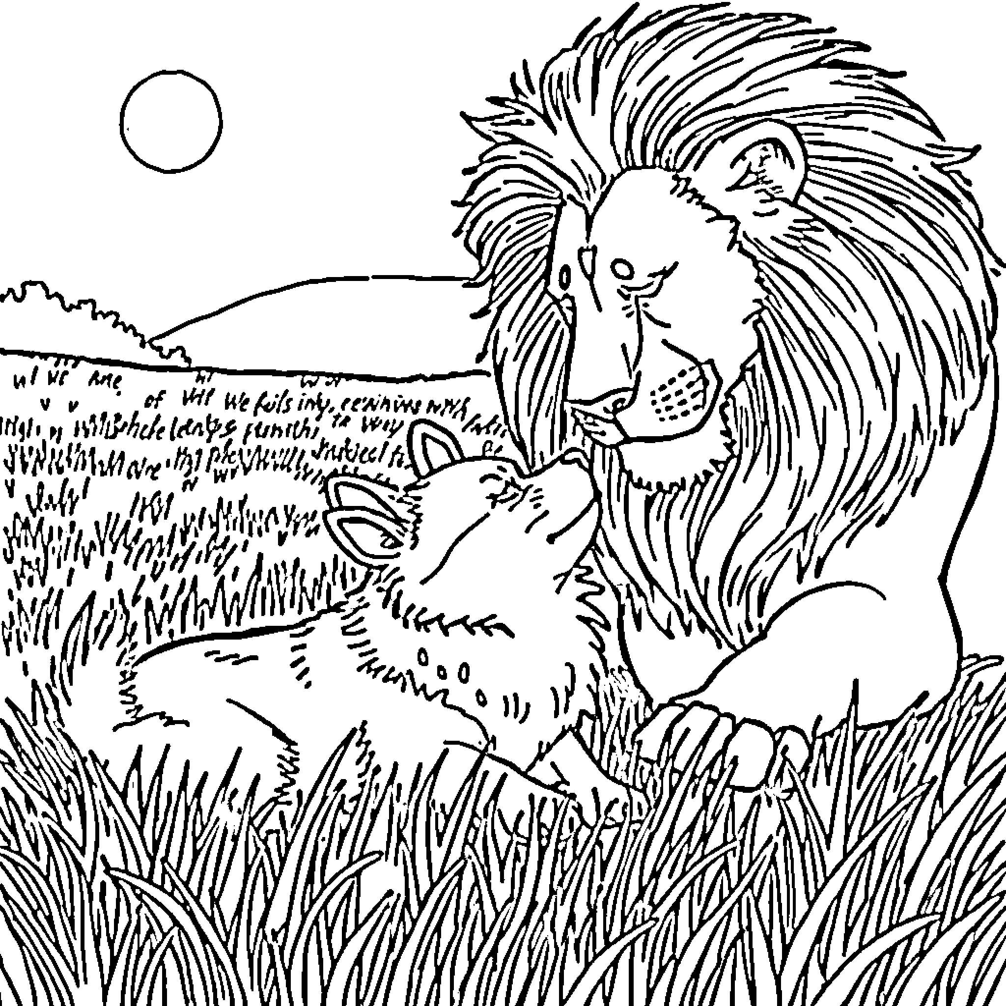 Lion relaxing in grassy field under the moon Coloring Page (free black-and-white line drawing printable PDF for all, from beginners to advanced learners, including children, teens, adults, and seniors)