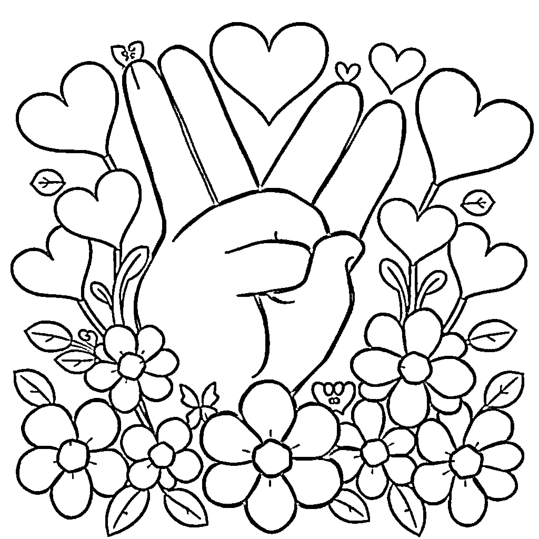 Peace in Floral Harmony Coloring Page (free black-and-white line drawing printable PDF for all, from beginners to advanced learners, including children, teens, adults, and seniors)