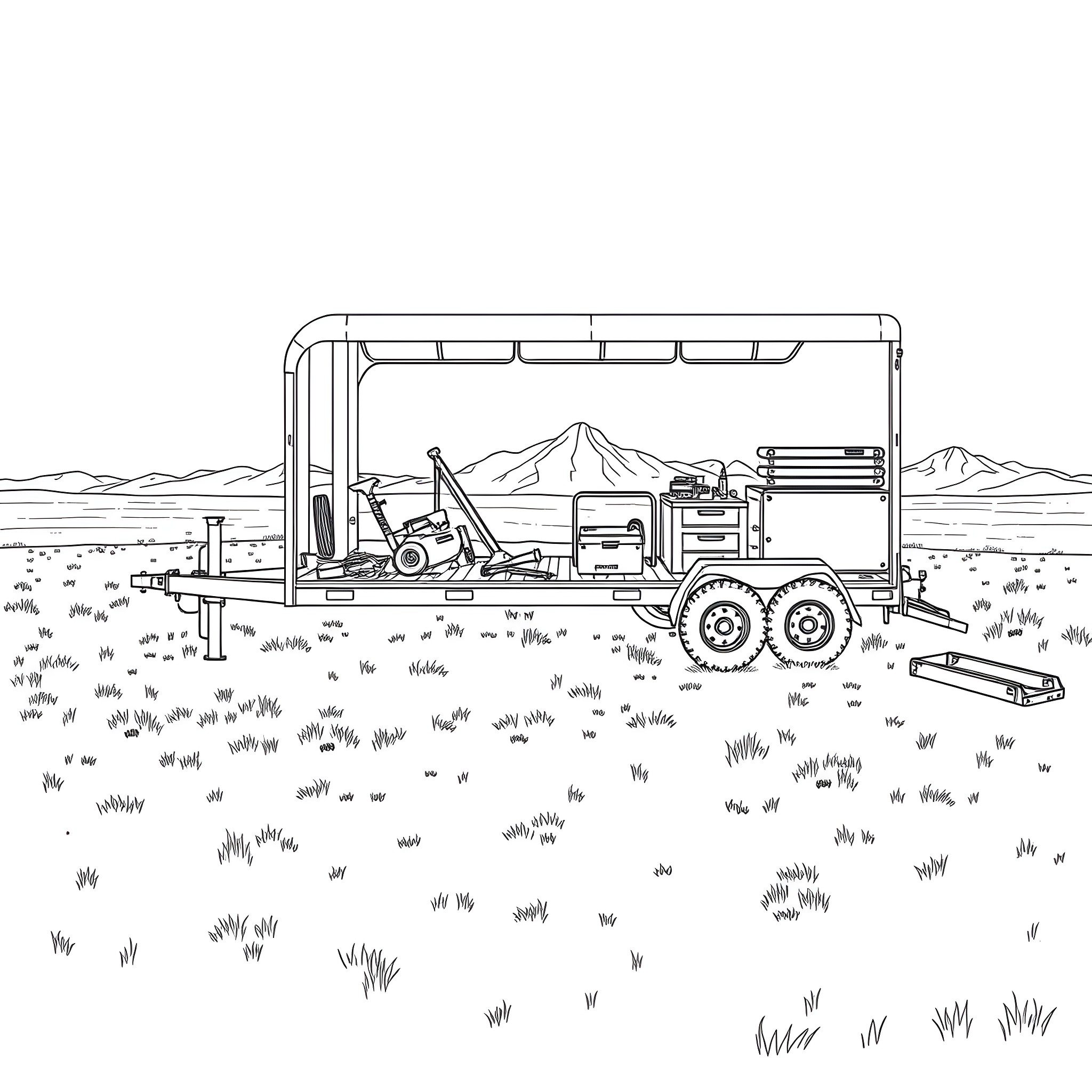 Gooseneck Trailer with Construction Equipment in Field Coloring Page (free black-and-white line drawing printable PDF for all, from beginners to advanced learners, including children, teens, adults, and seniors)