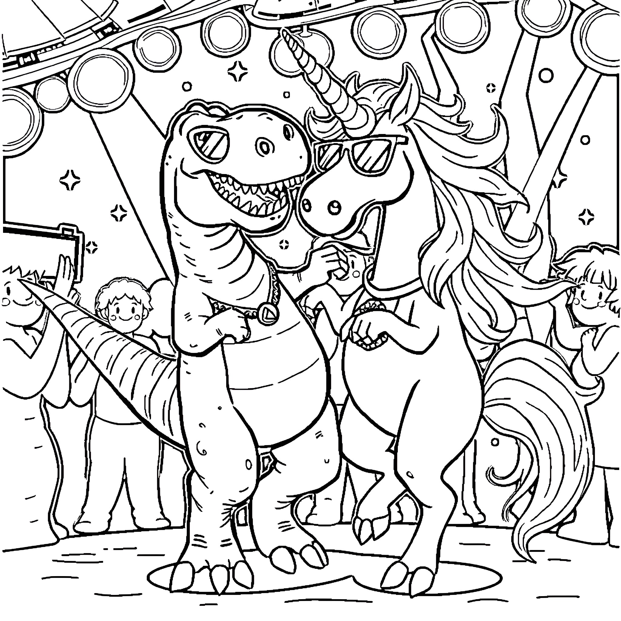 Dinosaur and Unicorn Enjoying a Carnival Coloring Page (free black-and-white line drawing printable PDF for all, from beginners to advanced learners, including children, teens, adults, and seniors)