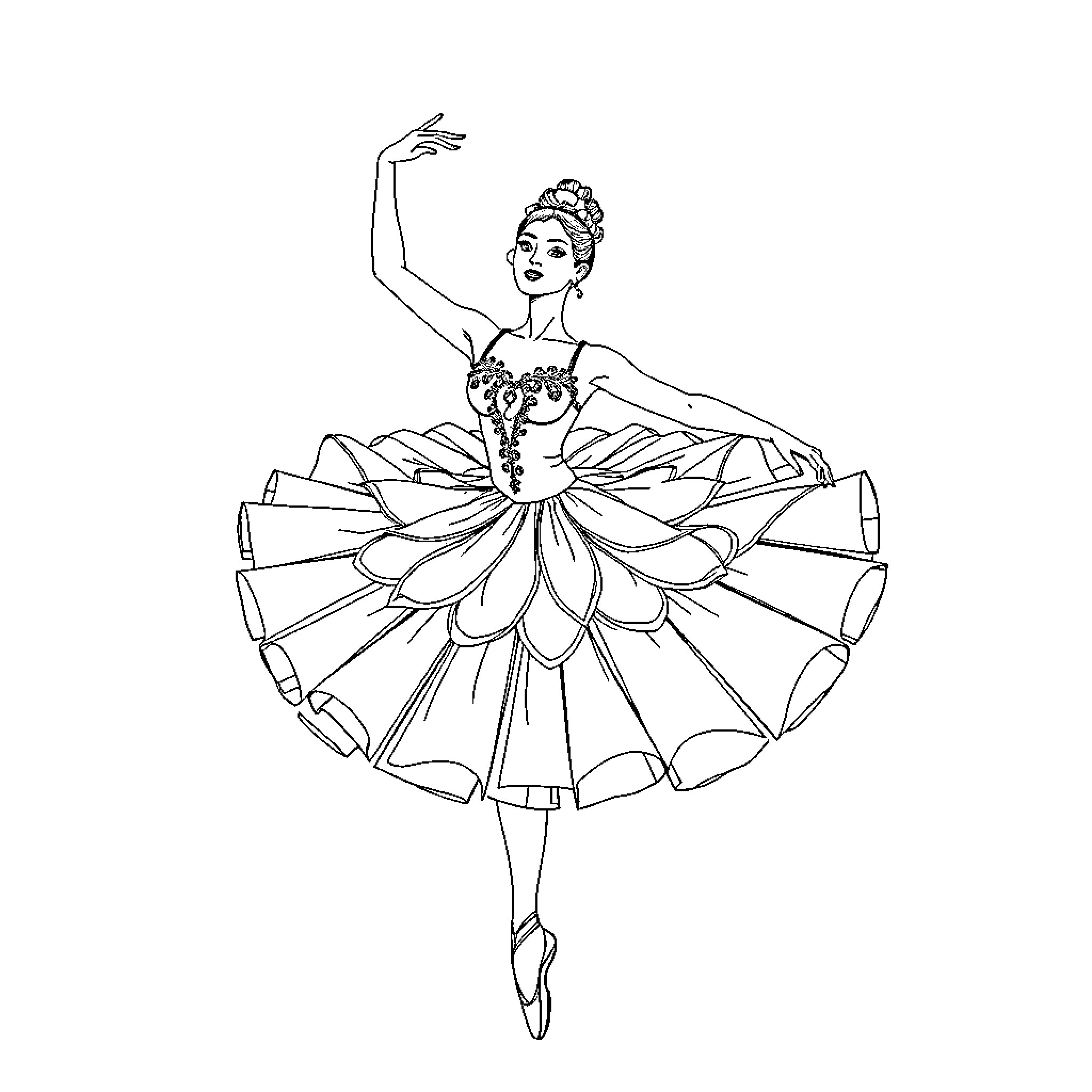 Ballet Dancer in Elegant Tutu Performing on Stage Coloring Page (free black-and-white line drawing printable PDF for all, from beginners to advanced learners, including children, teens, adults, and seniors)