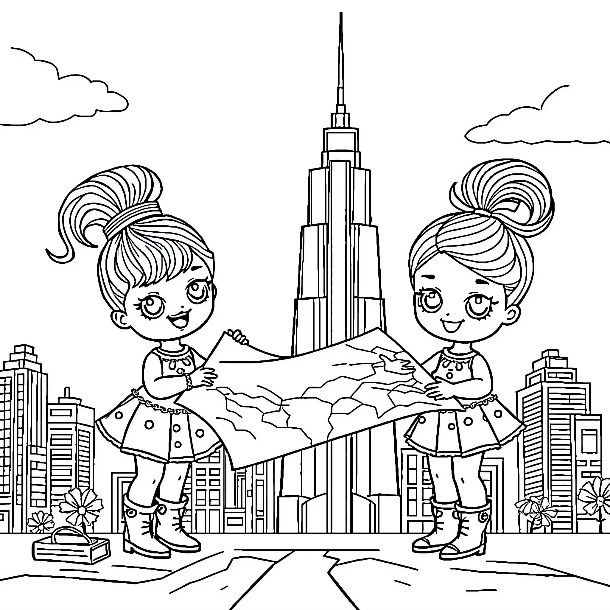 Lol Dolls Exploring the City Skyline Coloring Page (free black-and-white line drawing printable PDF for all, from beginners to advanced learners, including children, teens, adults, and seniors)