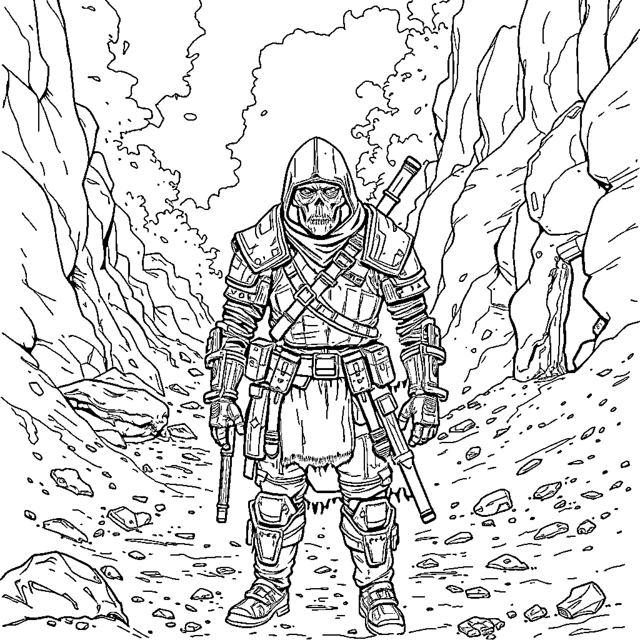 Survivor ventures through rugged terrain Coloring Page (free black-and-white line drawing printable PDF for all, from beginners to advanced learners, including children, teens, adults, and seniors)