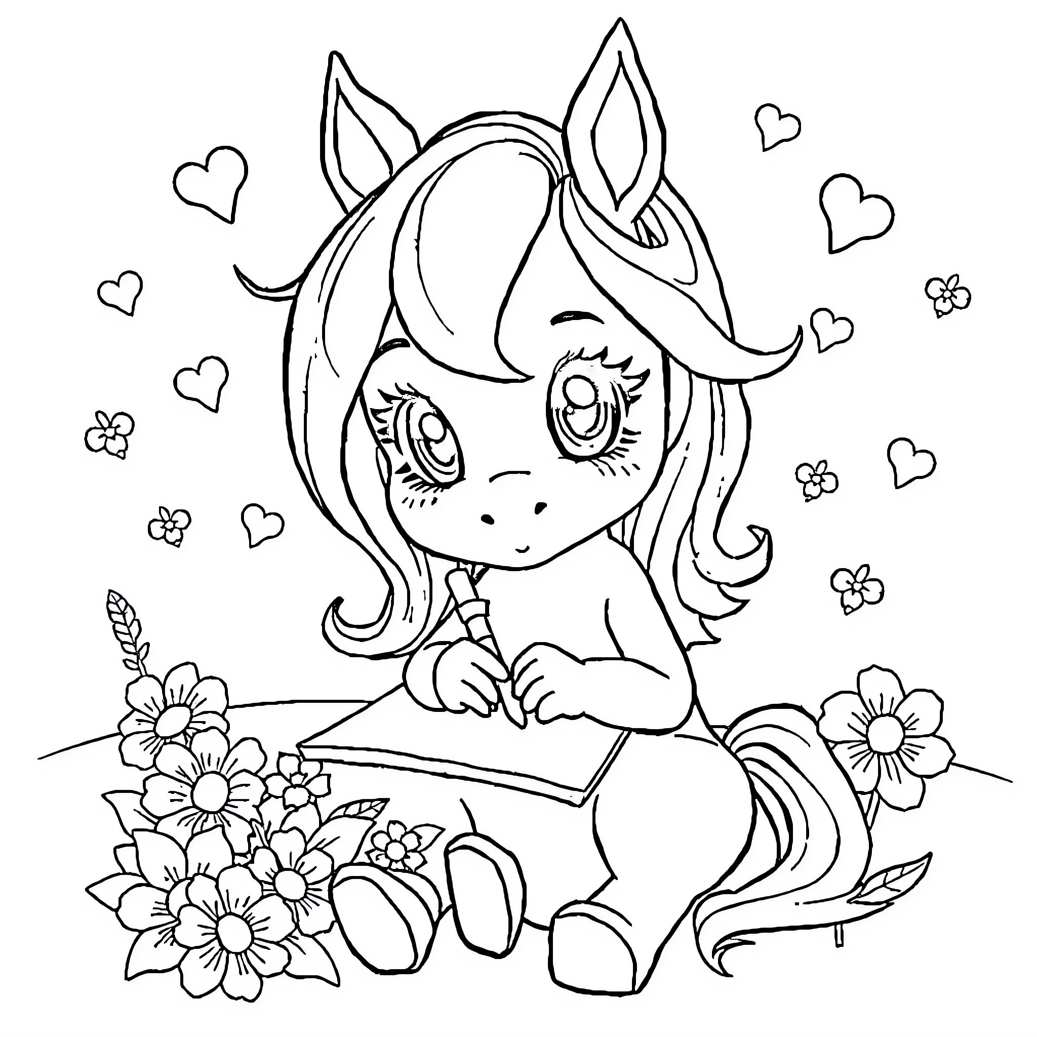 Nina's Peaceful Pastime with Flowers Coloring Page (free black-and-white line drawing printable PDF for all, from beginners to advanced learners, including children, teens, adults, and seniors)
