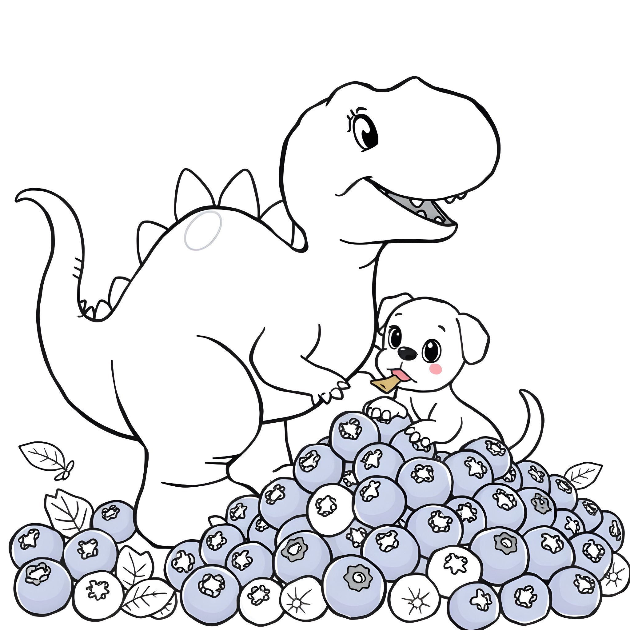 Dinosaur and puppy playing with blueberries Coloring Page (free black-and-white line drawing printable PDF for all, from beginners to advanced learners, including children, teens, adults, and seniors)