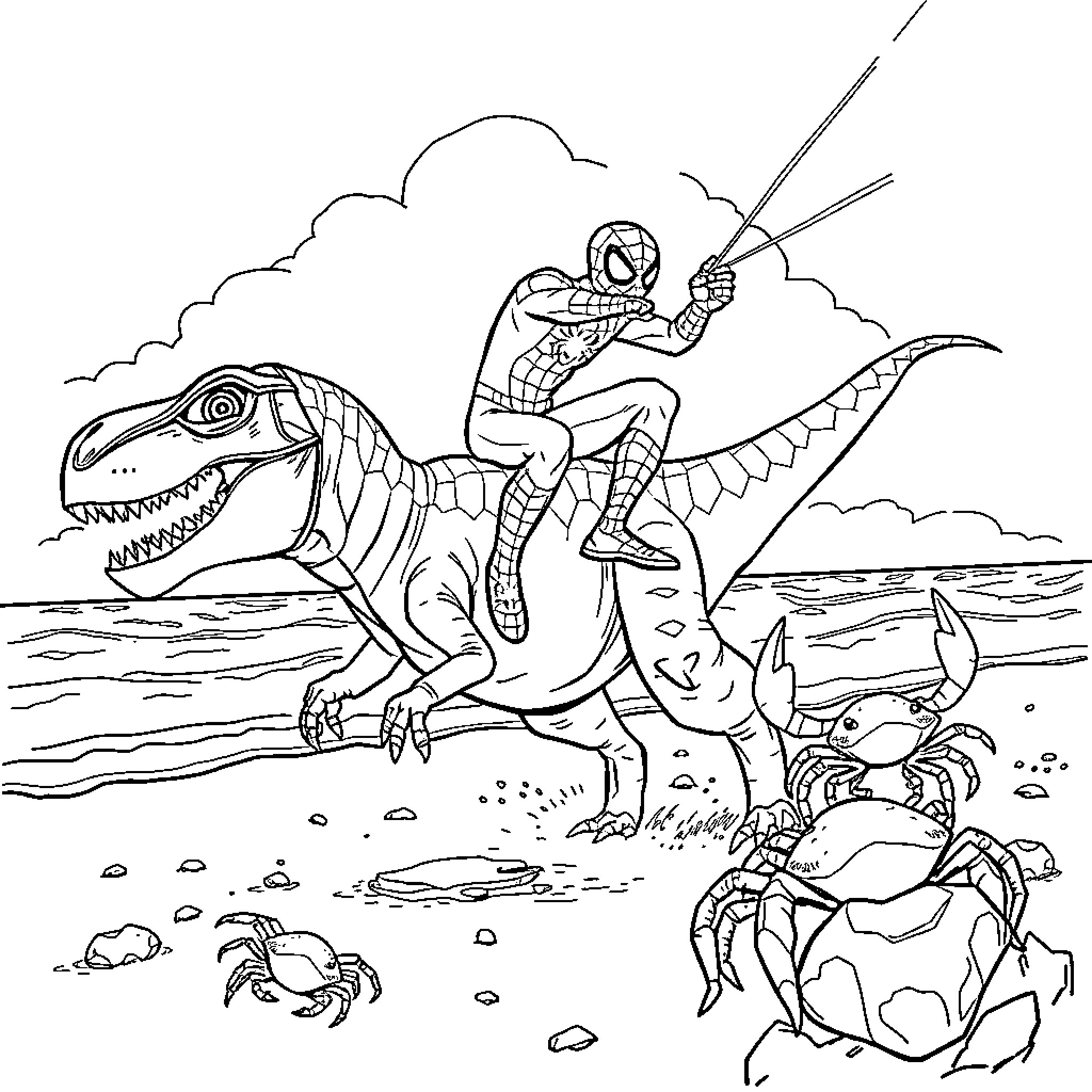 Spiderman fighting dinosaurs and crabs on the beach Coloring Page (free black-and-white line drawing printable PDF for all, from beginners to advanced learners, including children, teens, adults, and seniors)