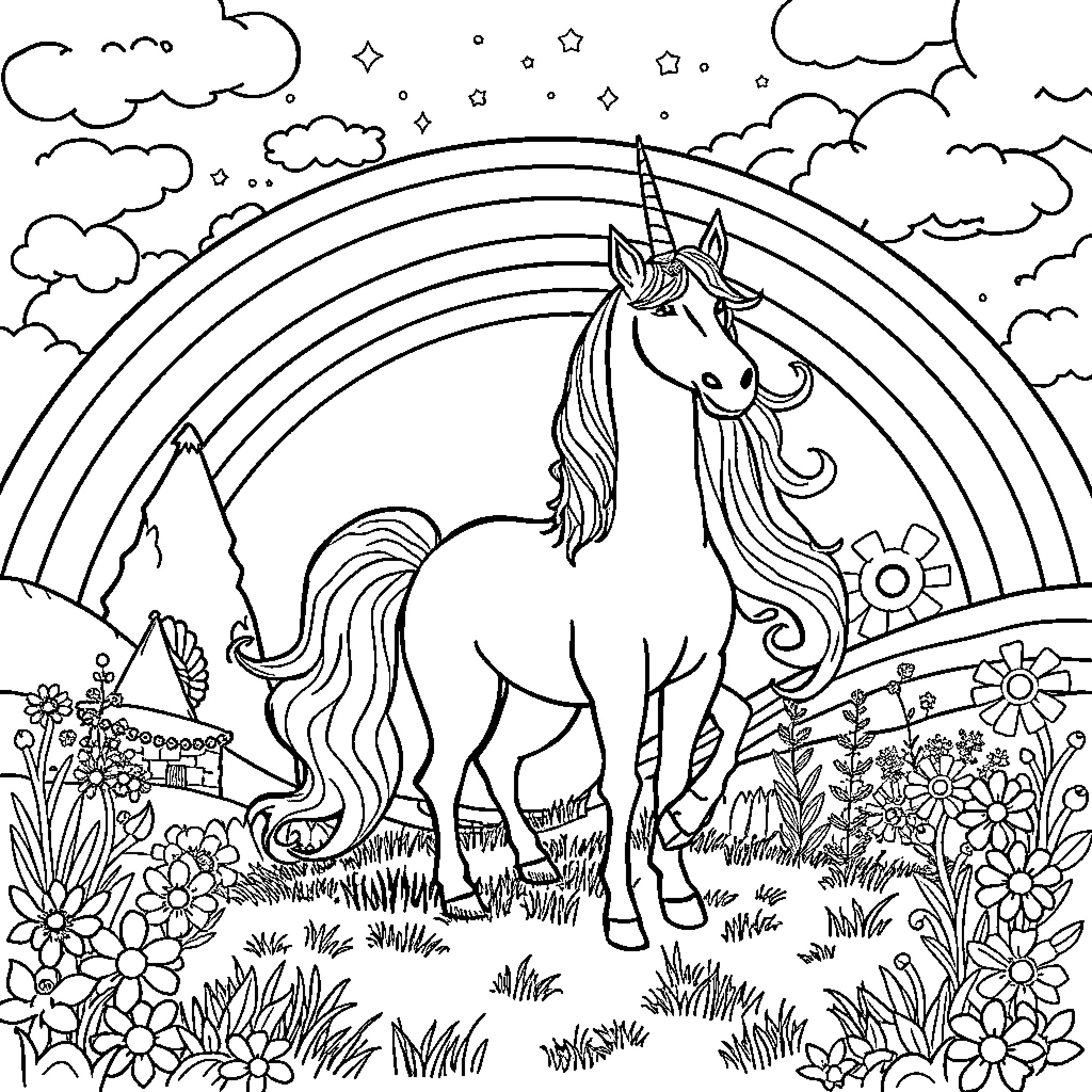 Unicorn Standing Proudly in Magical Meadow Coloring Page (free black-and-white line drawing printable PDF for all, from beginners to advanced learners, including children, teens, adults, and seniors)