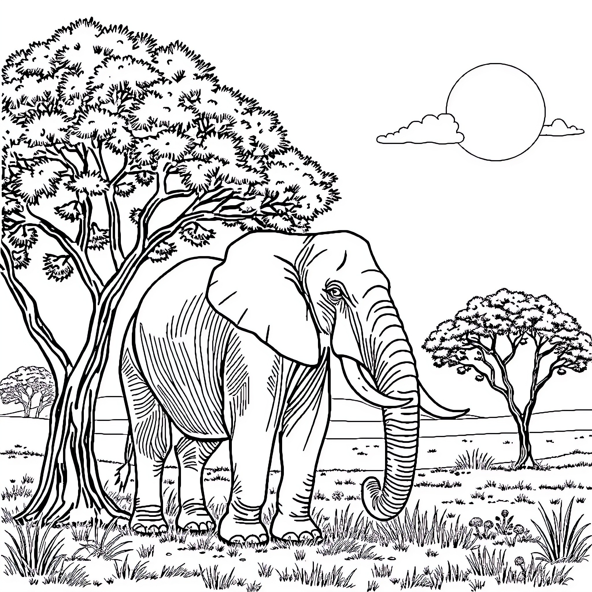 Elephant in serene African landscape Coloring Page (free black-and-white line drawing printable PDF for all, from beginners to advanced learners, including children, teens, adults, and seniors)