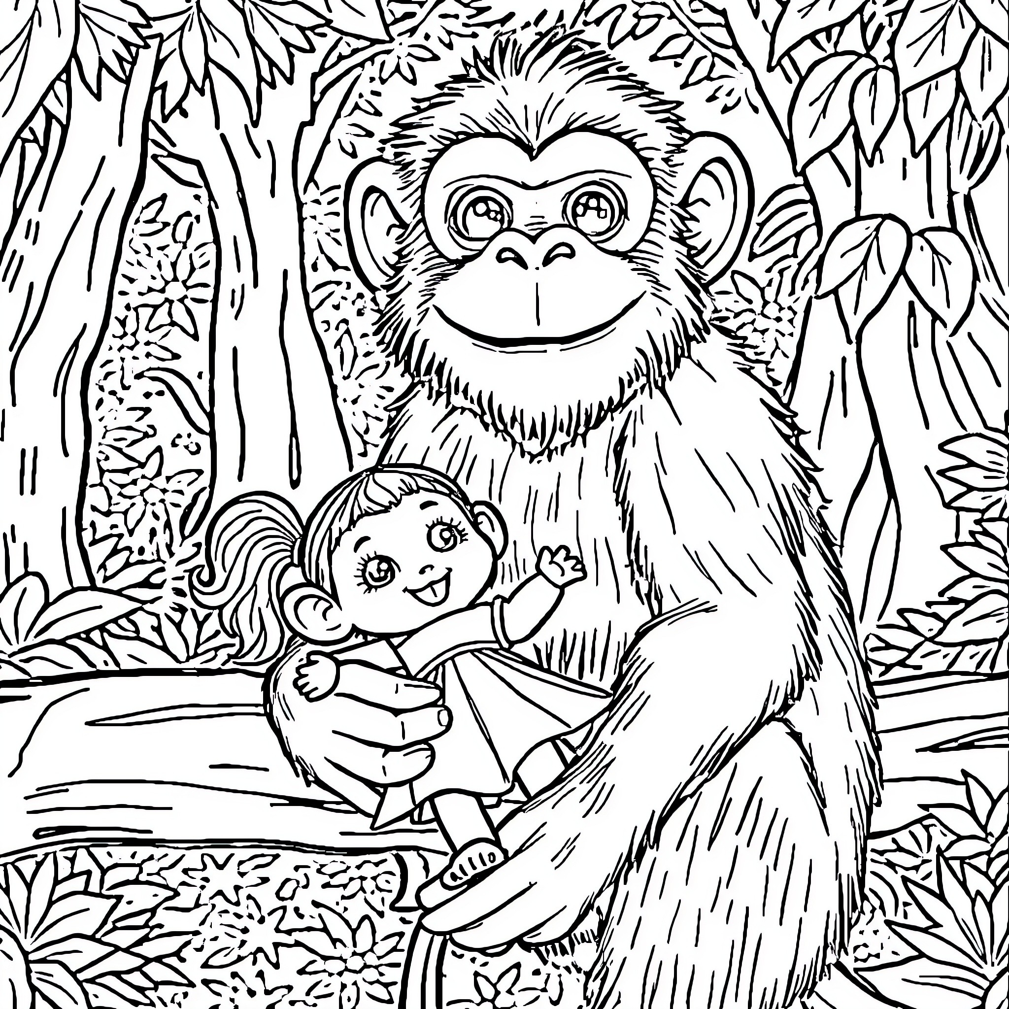 Doll Playing with Friendly Monkey in Forest Coloring Page (free black-and-white line drawing printable PDF for all, from beginners to advanced learners, including children, teens, adults, and seniors)