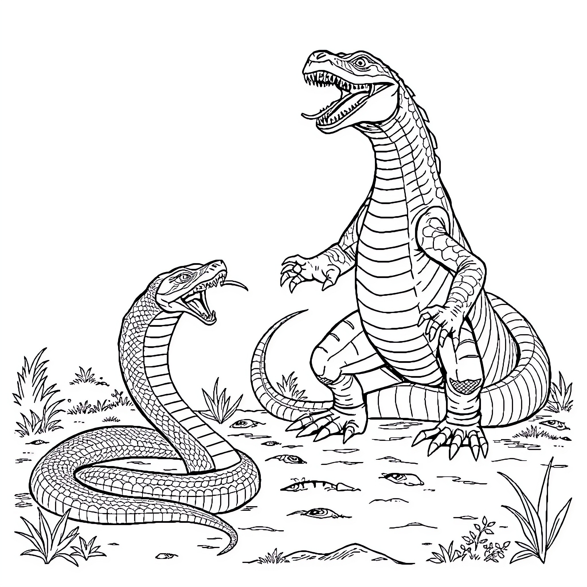 King Cobra fighting against another snake in the wilderness Coloring Page (free black-and-white line drawing printable PDF for all, from beginners to advanced learners, including children, teens, adults, and seniors)