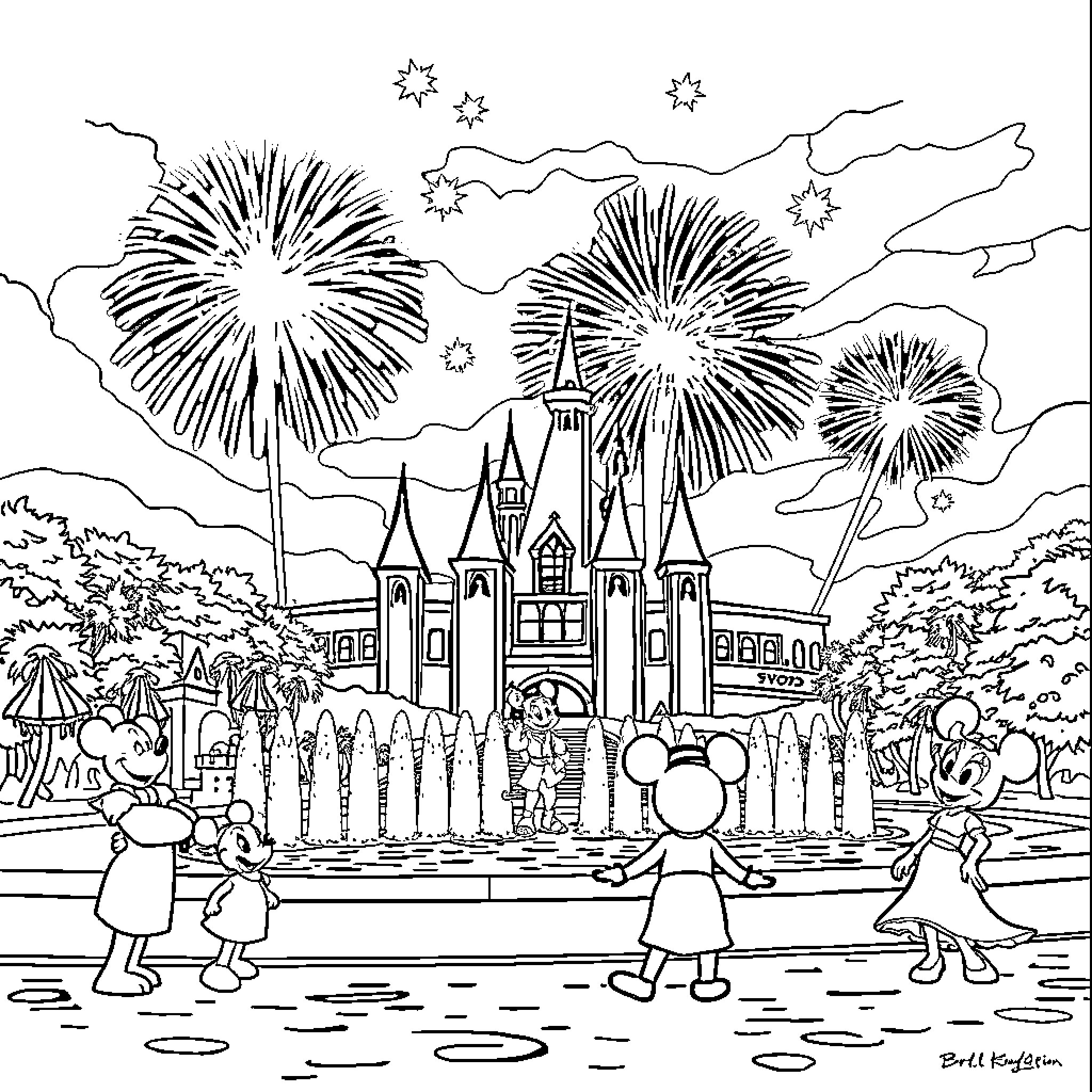 Fantasmic Fireworks and Castle Celebration Coloring Page (free black-and-white line drawing printable PDF for all, from beginners to advanced learners, including children, teens, adults, and seniors)