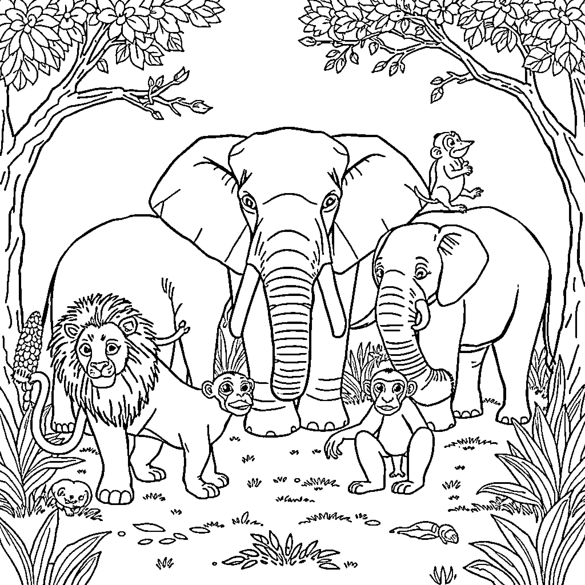 Animal Gathering in the Jungle Coloring Page (free black-and-white line drawing printable PDF for all, from beginners to advanced learners, including children, teens, adults, and seniors)