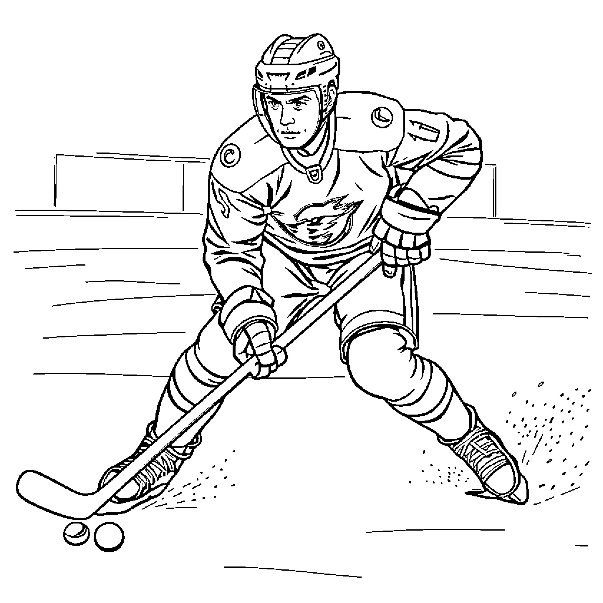Hockey Player Skating Aggressively on the Ice Coloring Page (free black-and-white line drawing printable PDF for all, from beginners to advanced learners, including children, teens, adults, and seniors)