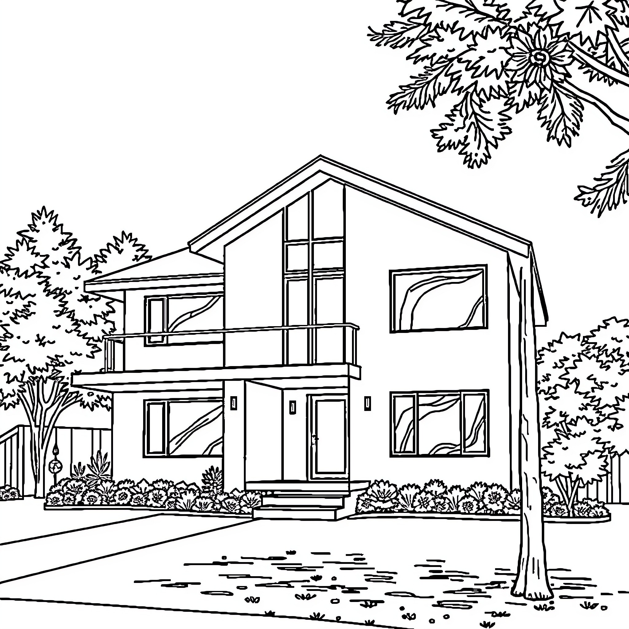 Home surrounded by nature's beauty Coloring Page (free black-and-white line drawing printable PDF for all, from beginners to advanced learners, including children, teens, adults, and seniors)