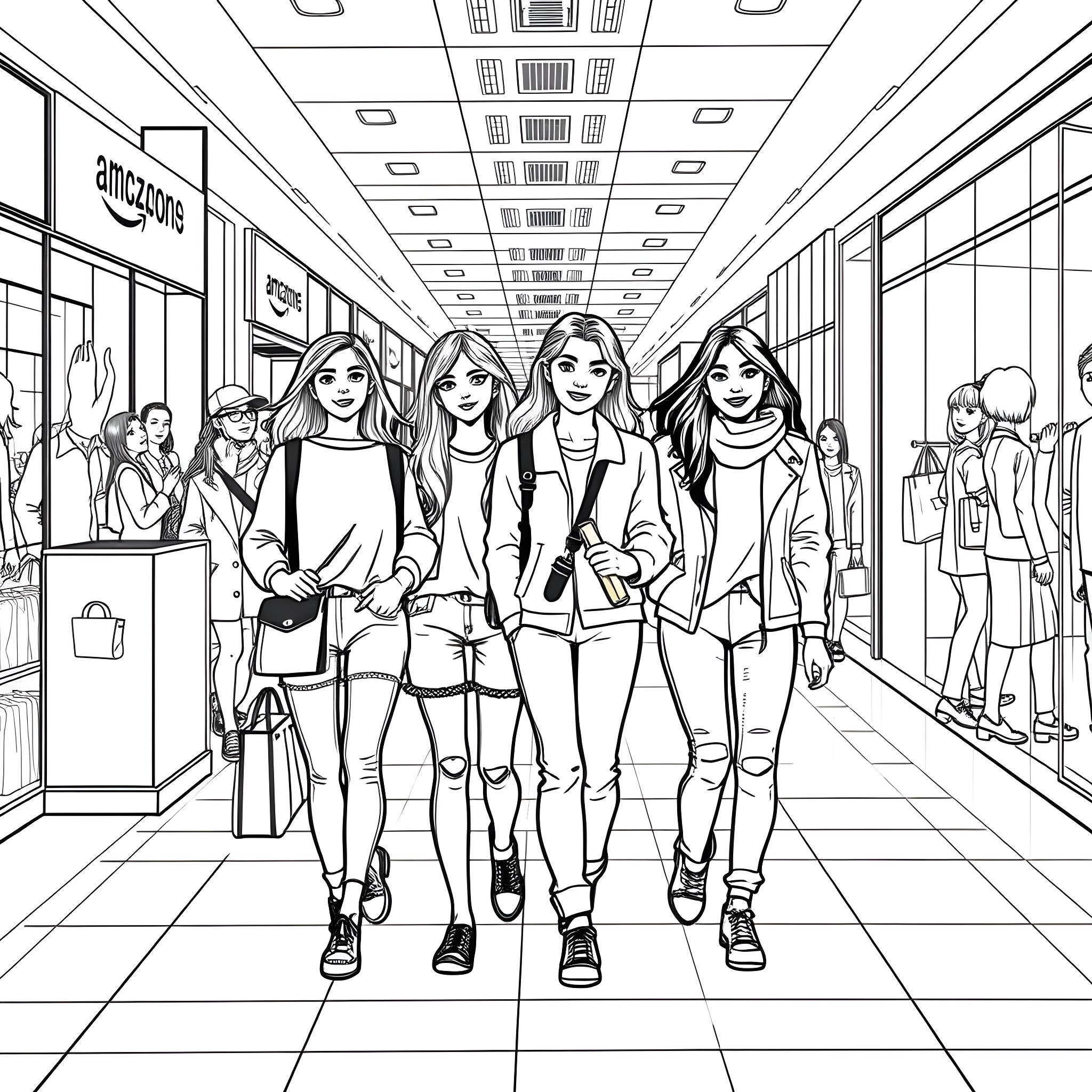 Family of stylish young women walking in a shopping mall Coloring Page (free black-and-white line drawing printable PDF for all, from beginners to advanced learners, including children, teens, adults, and seniors)