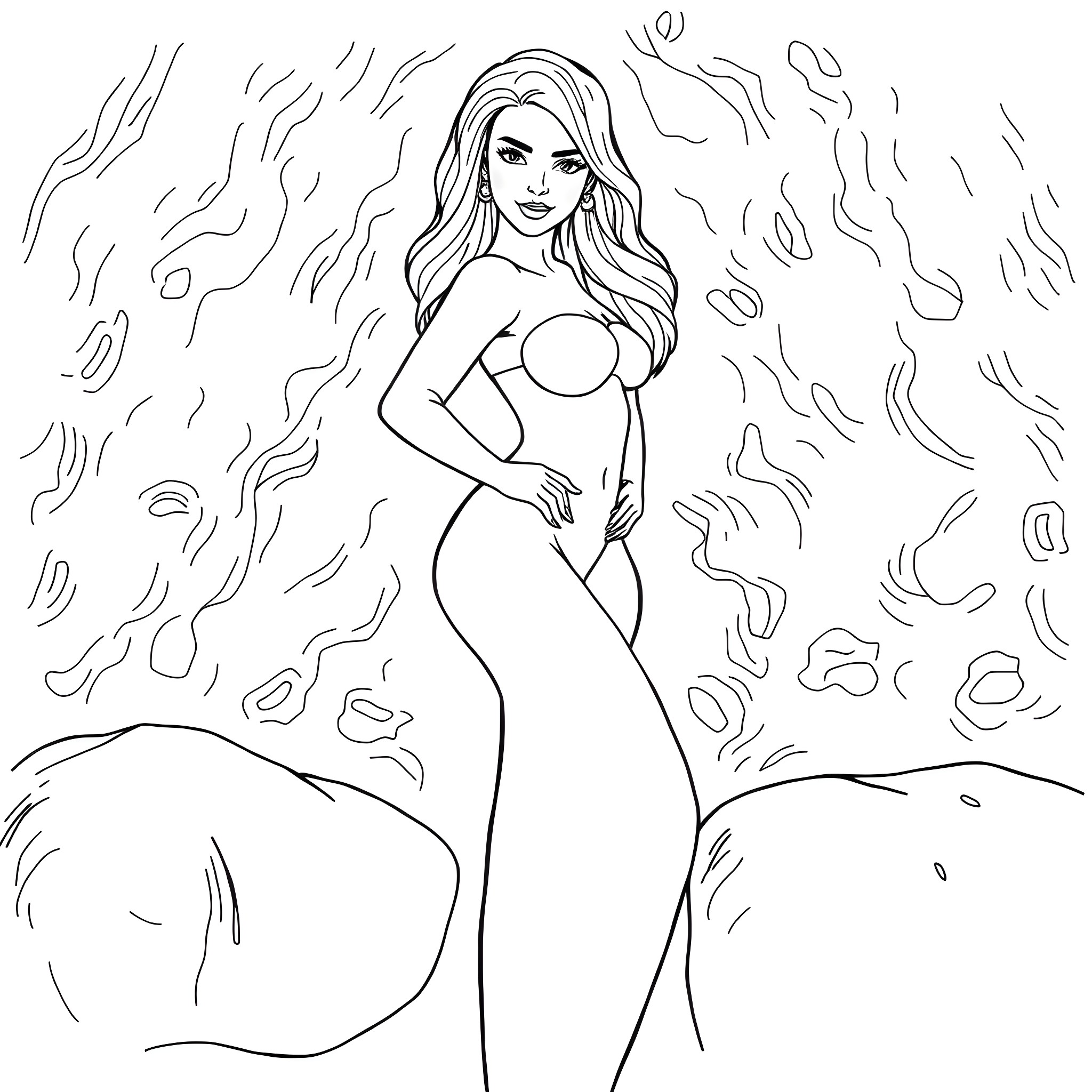 Bbw woman posing confidently in flowing dress Coloring Page (free black-and-white line drawing printable PDF for all, from beginners to advanced learners, including children, teens, adults, and seniors)