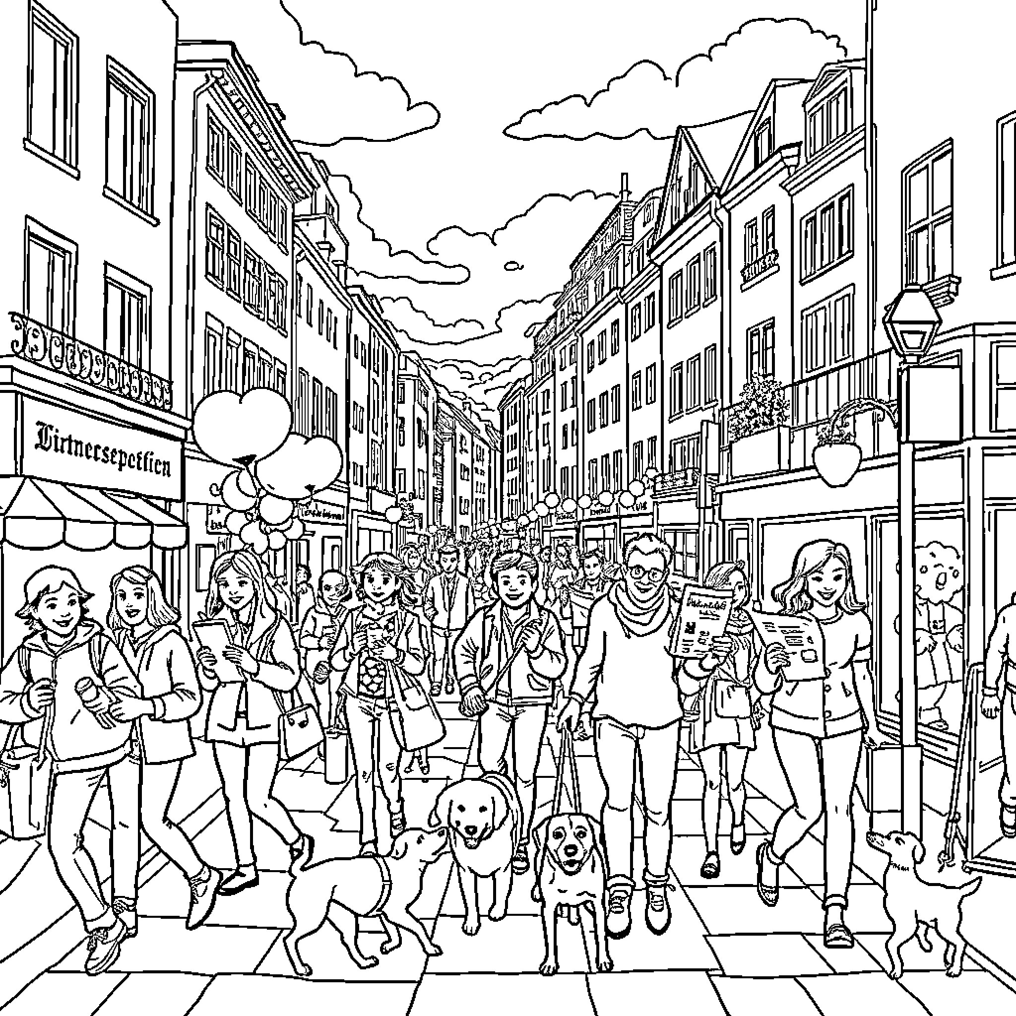 City scene with bustling crowd and storefronts Coloring Page (free black-and-white line drawing printable PDF for all, from beginners to advanced learners, including children, teens, adults, and seniors)