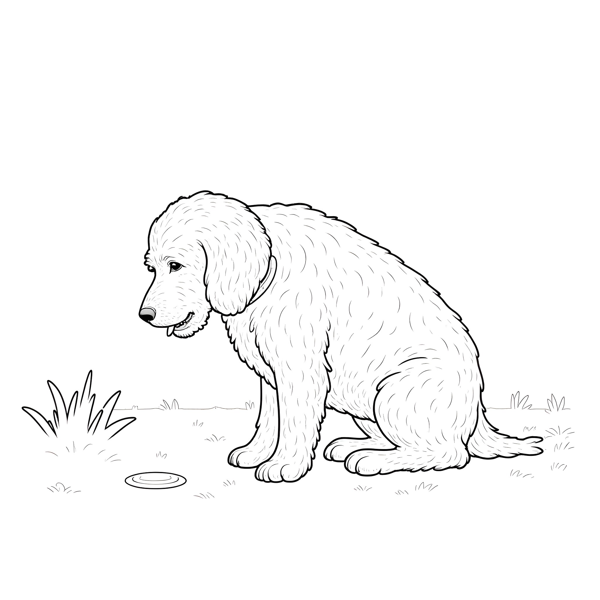 Doodle of a fluffy dog admiring a treat on the ground Coloring Page (free black-and-white line drawing printable PDF for all, from beginners to advanced learners, including children, teens, adults, and seniors)