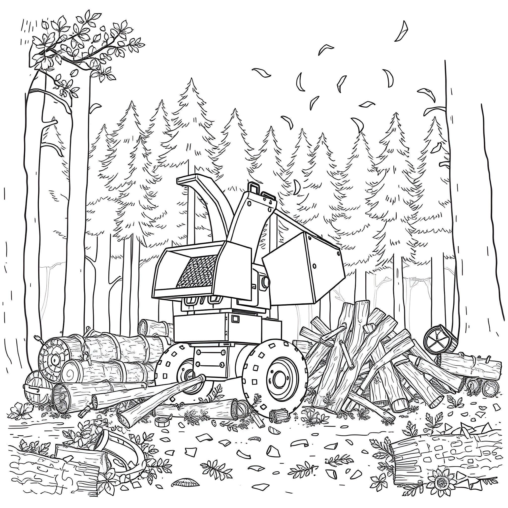 Wood Chipper Shredding Trees and Debris in the Forest Coloring Page (free black-and-white line drawing printable PDF for all, from beginners to advanced learners, including children, teens, adults, and seniors)